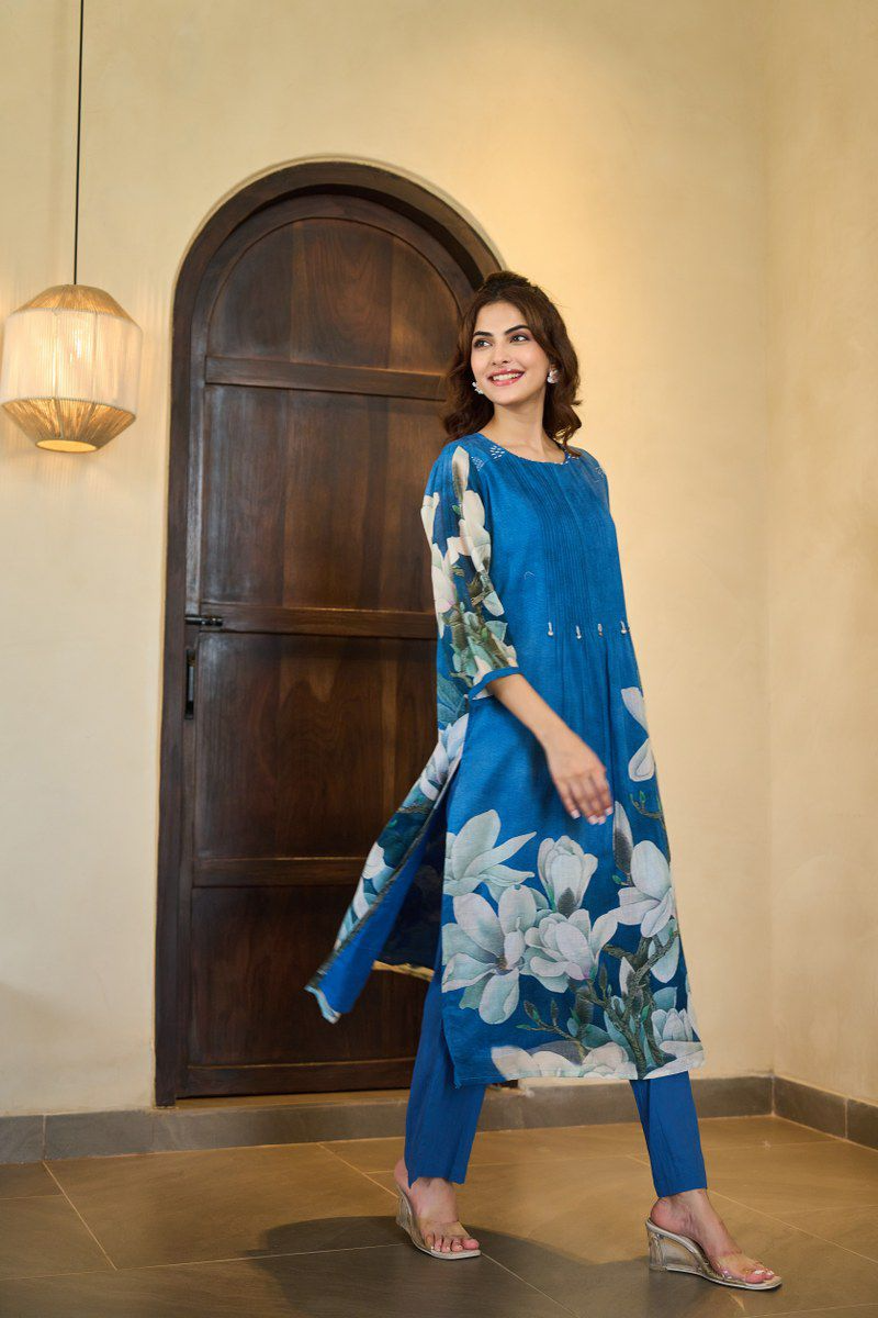 Peacock Blue Floral Mul Cotton Pintex Kurta & Pant