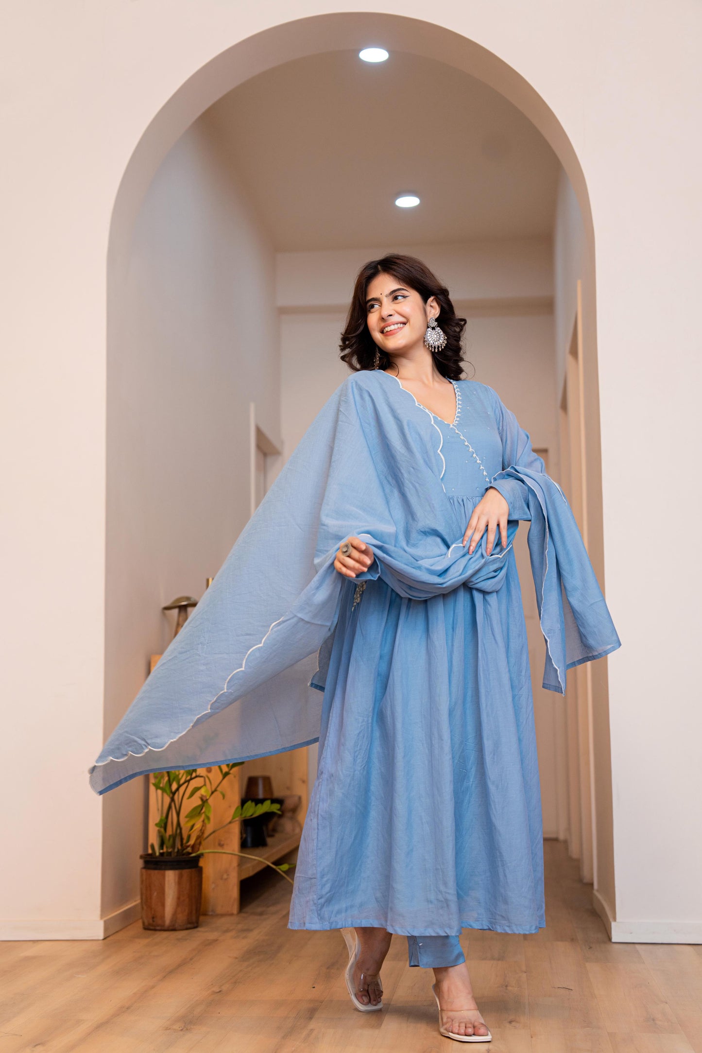 Sky Blue Mul Chanderi Anarkali Festive Suit
