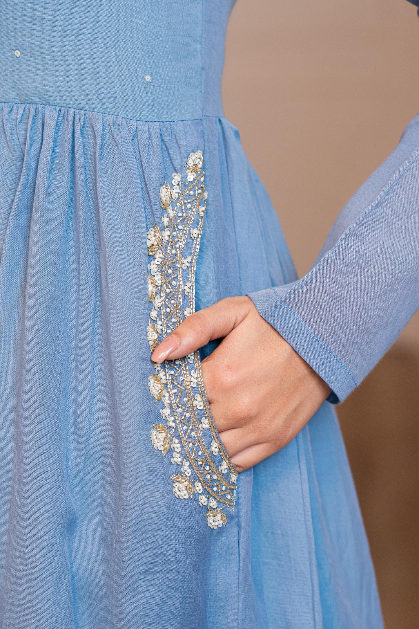 Sky Blue Mul Chanderi Anarkali Festive Suit