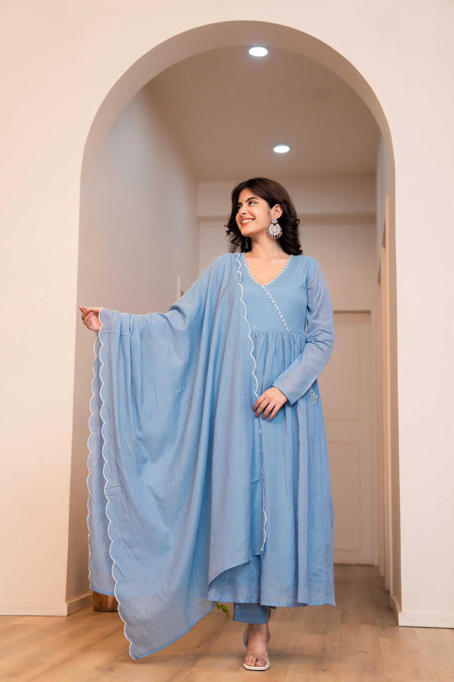 Sky Blue Mul Chanderi Anarkali Festive Suit