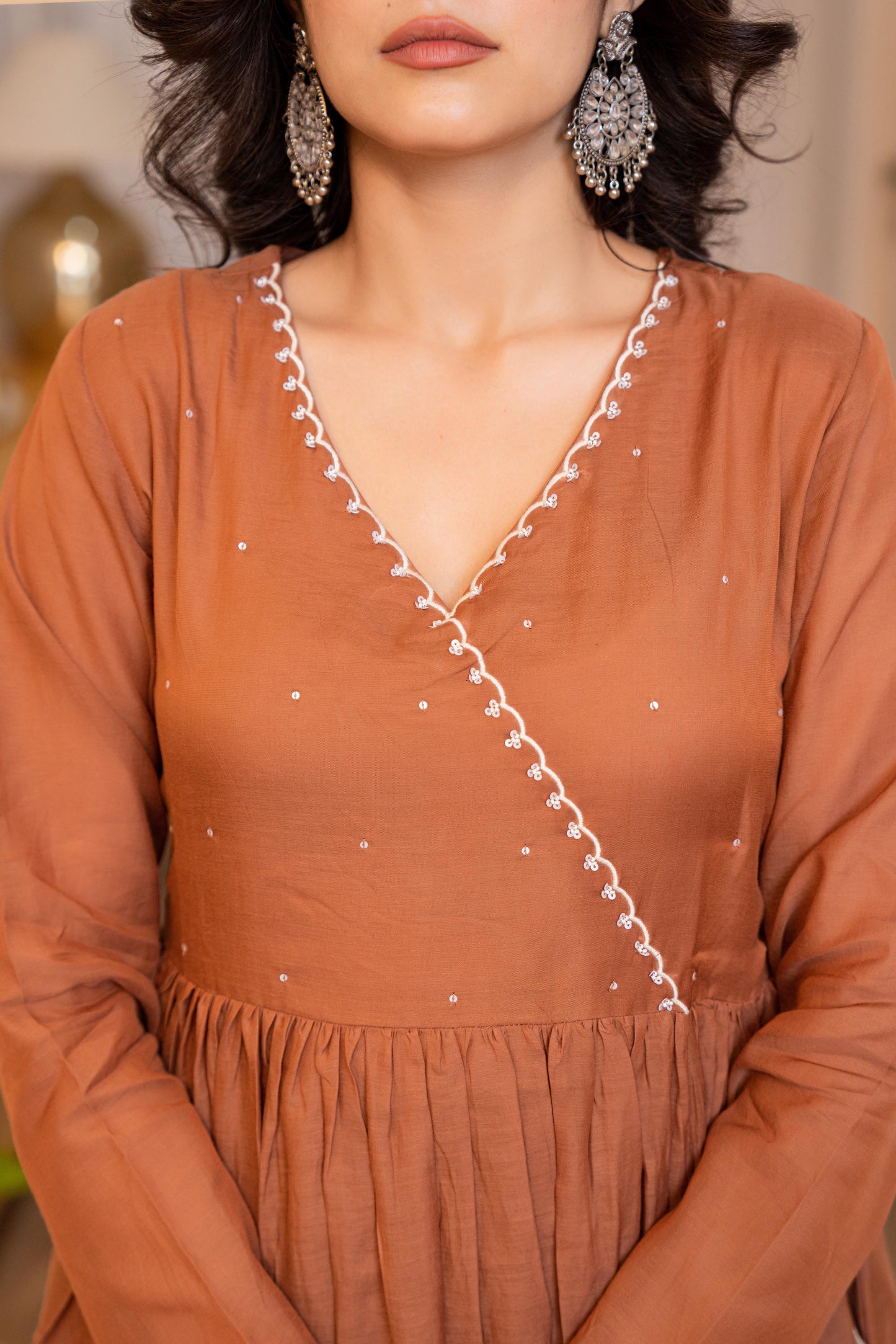 Brown Mul Chanderi Anarkali Festive Suit