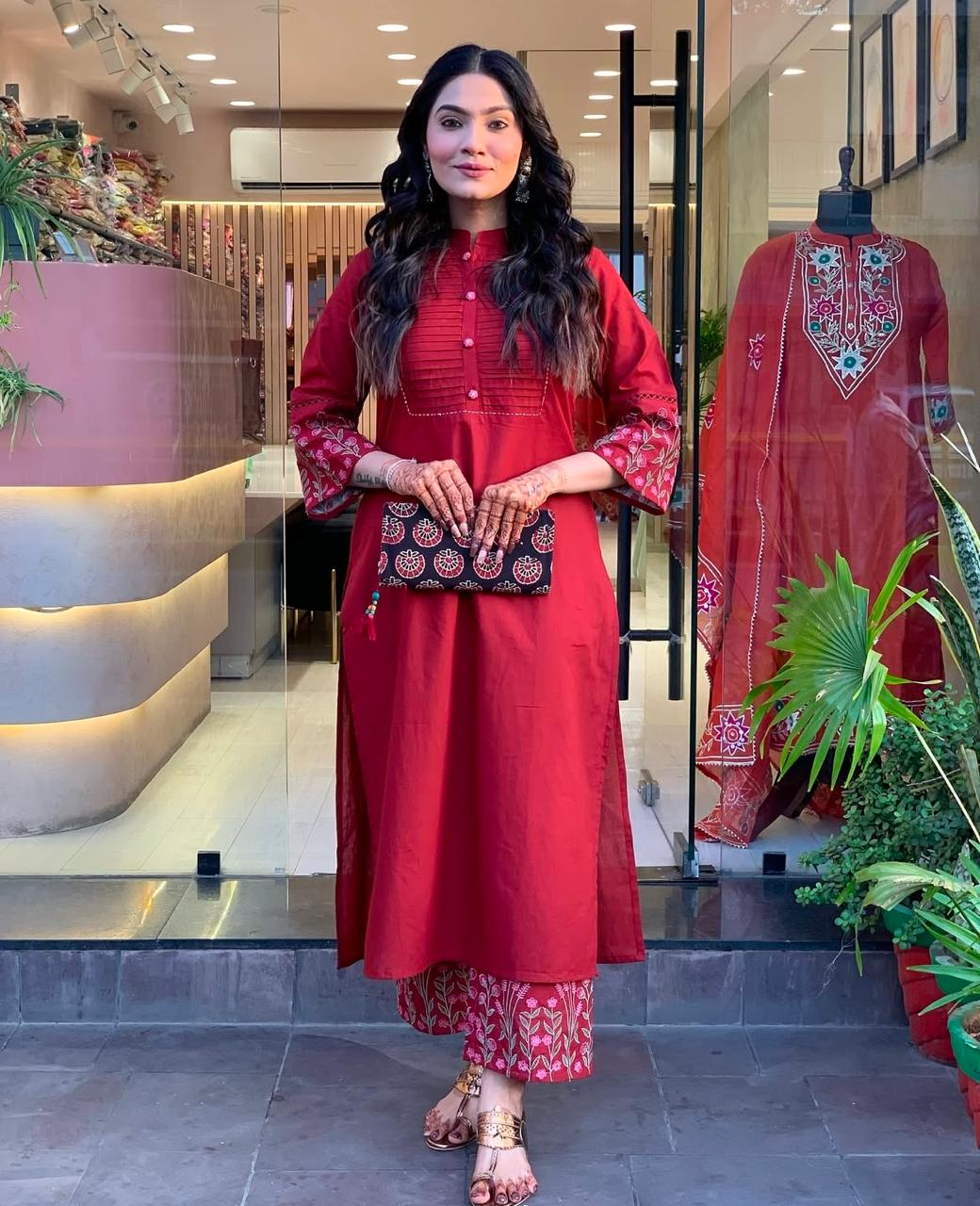 Red Cotton Embroiderd Pintex Kurta Pant Set