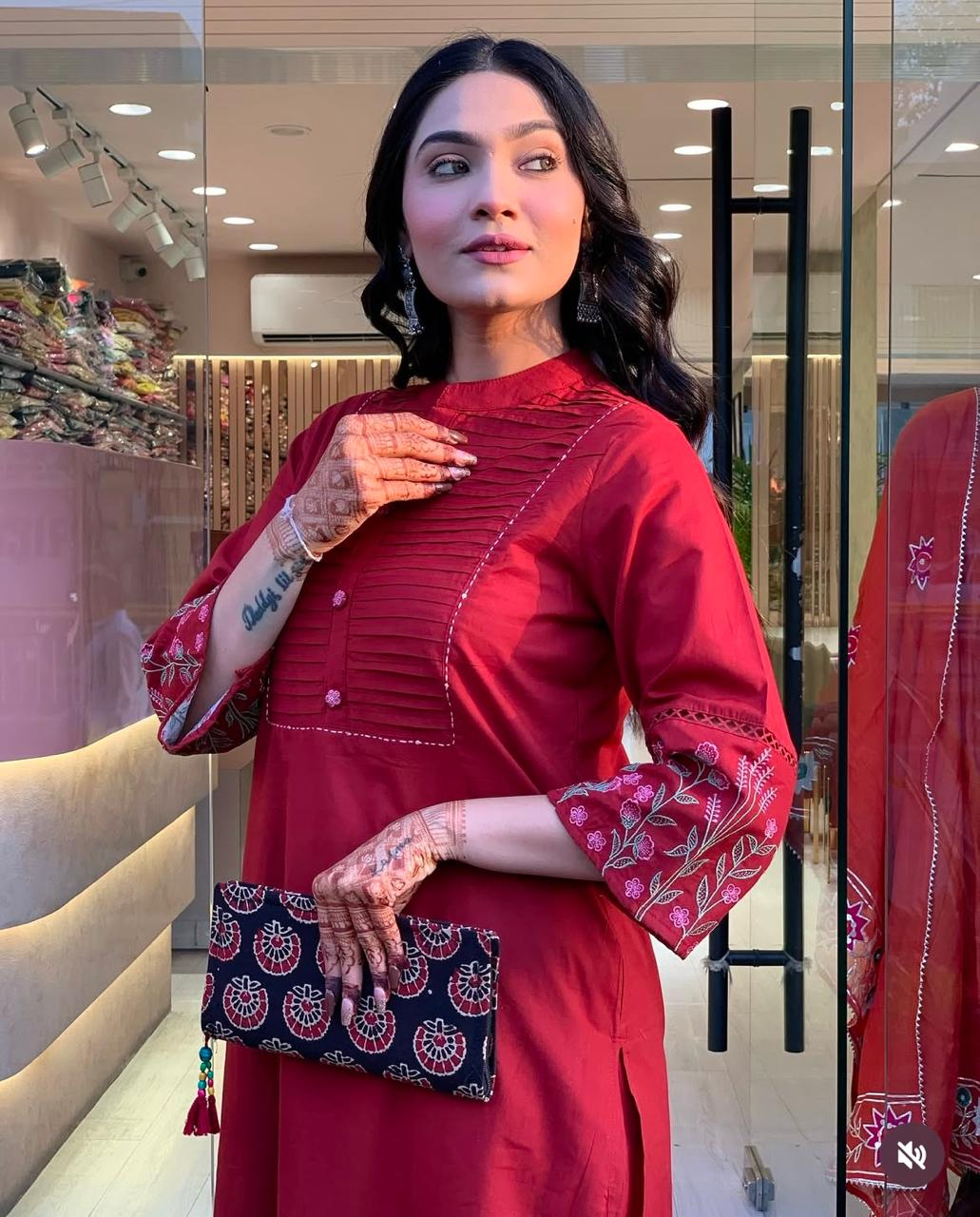 Red Cotton Embroiderd Pintex Kurta Pant Set