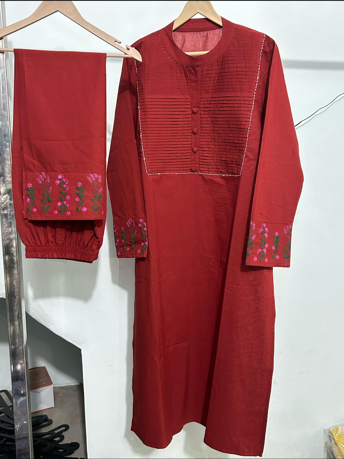 Red Cotton Embroiderd Pintex Kurta Pant Set