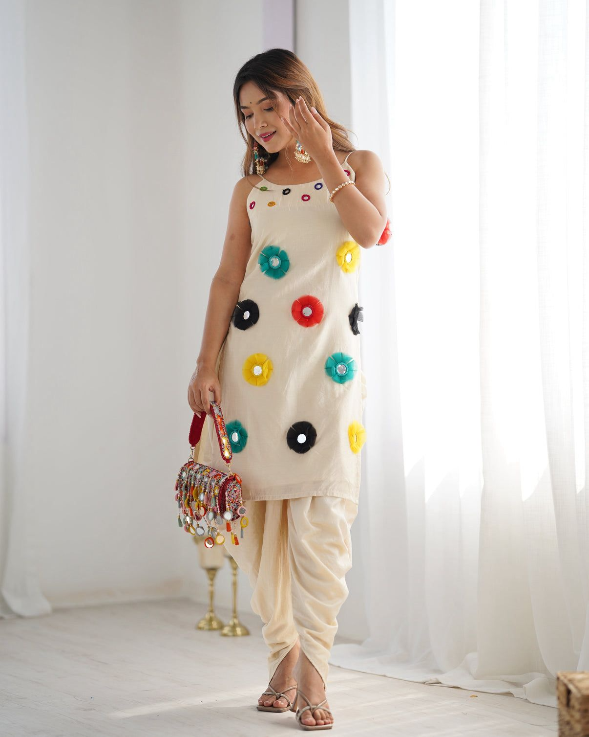 Off White Khadi Cotton Kurti Dhoti Set