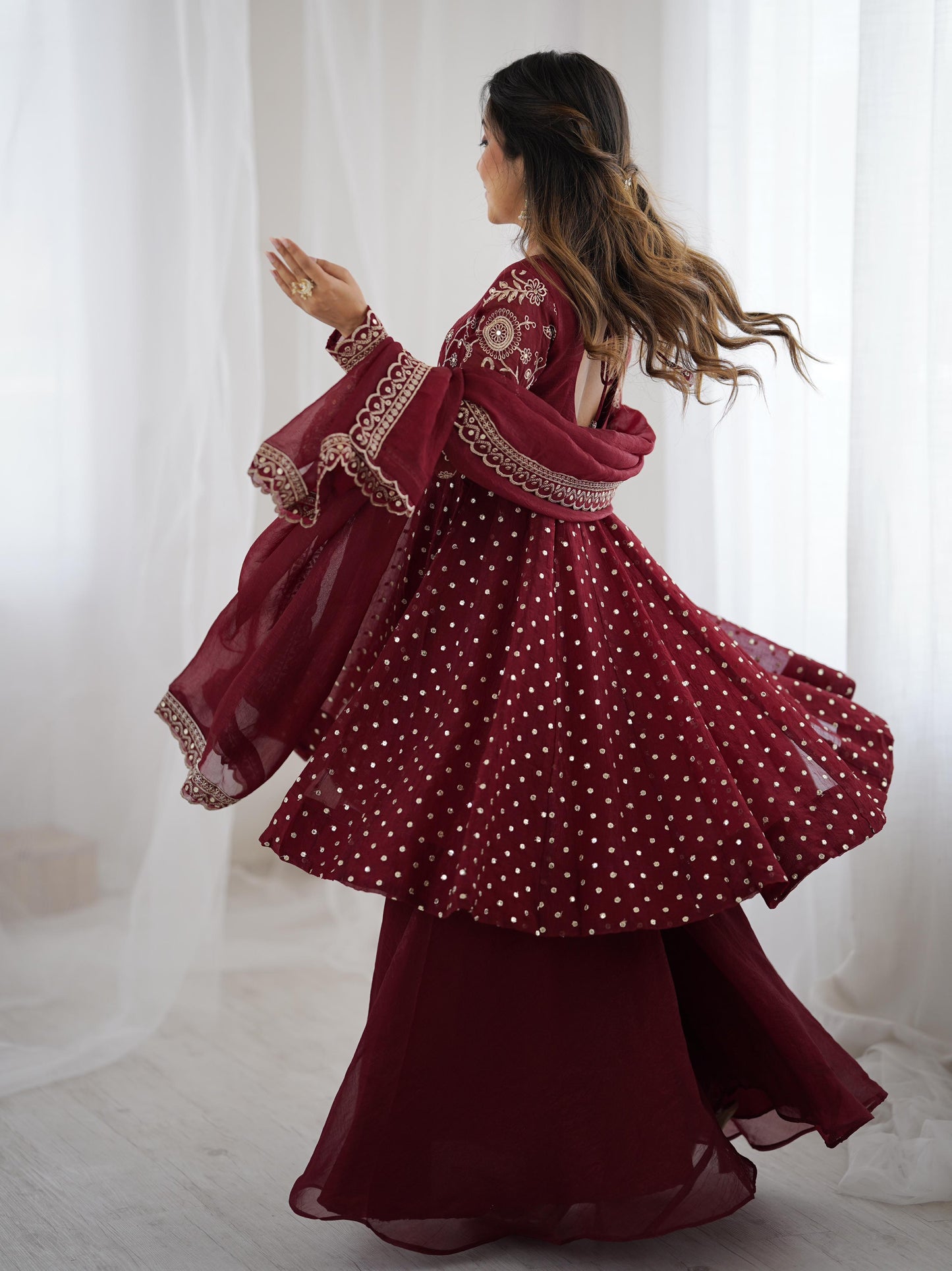 Red Crunchy Silk Sequence Embroiderd Sharara Suit