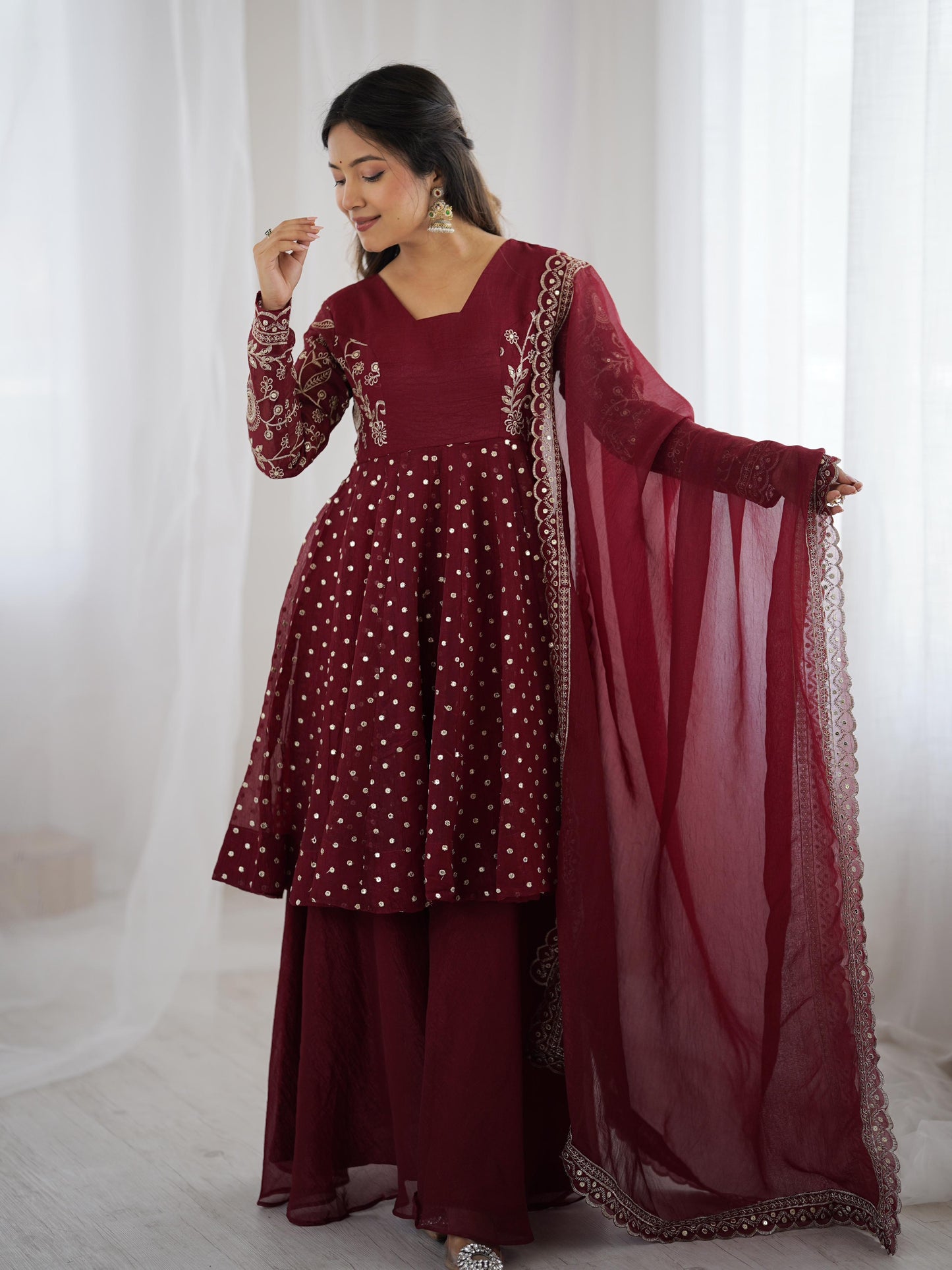 Red Crunchy Silk Sequence Embroiderd Sharara Suit