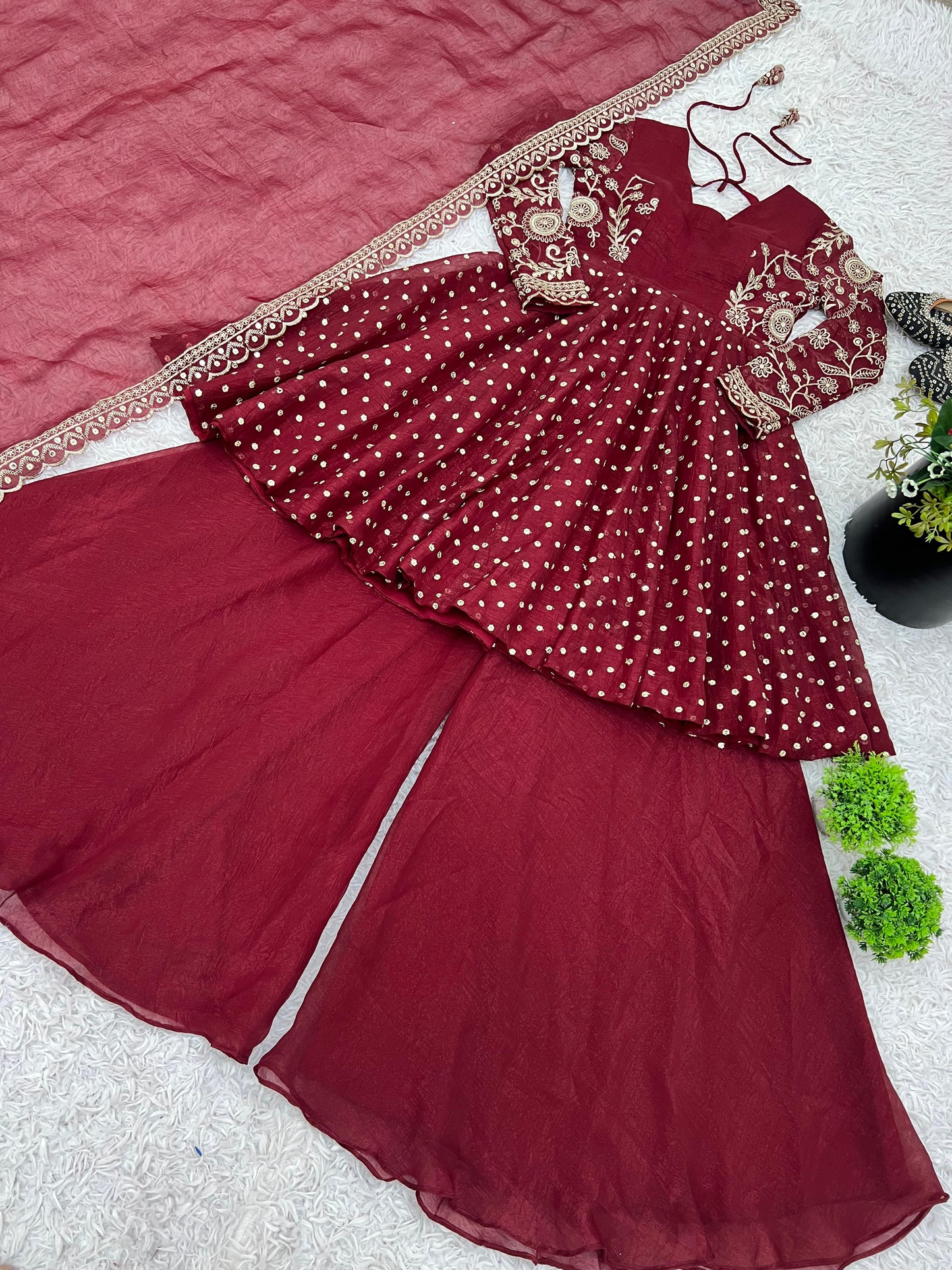Red Crunchy Silk Sequence Embroiderd Sharara Suit