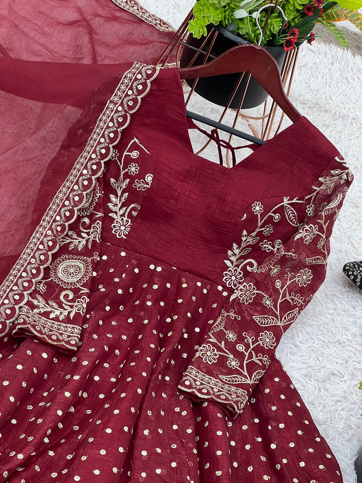 Red Crunchy Silk Sequence Embroiderd Sharara Suit