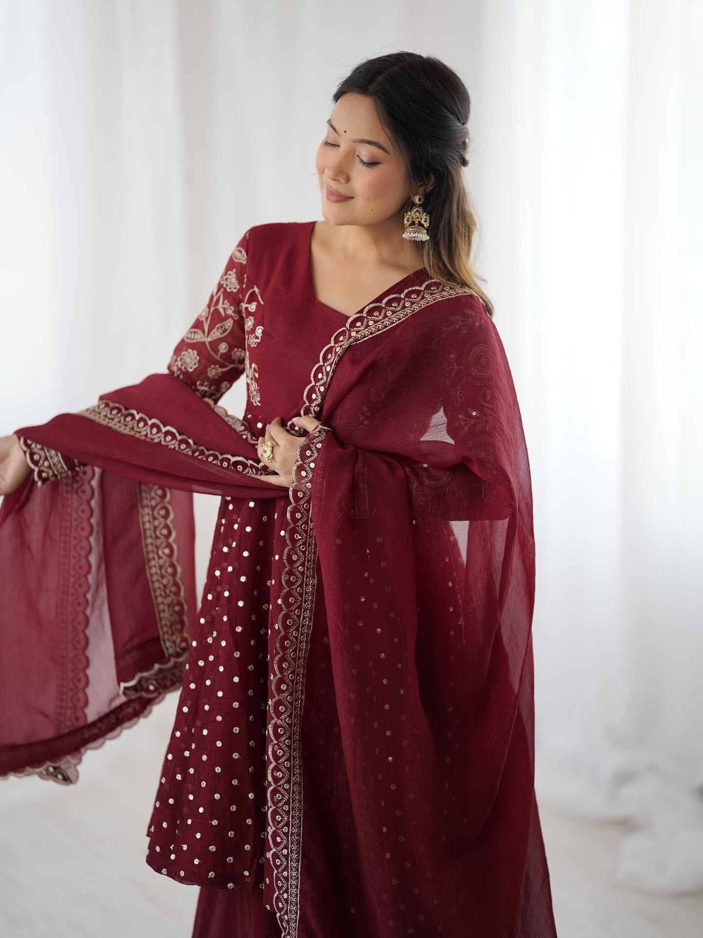 Red Crunchy Silk Sequence Embroiderd Sharara Suit
