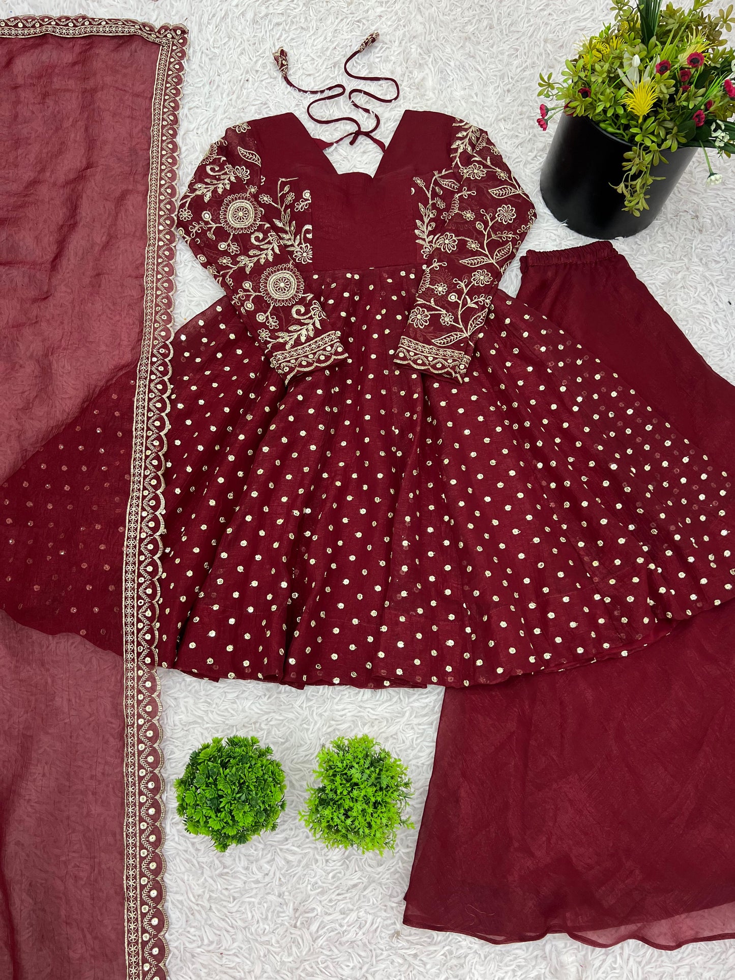 Red Crunchy Silk Sequence Embroiderd Sharara Suit