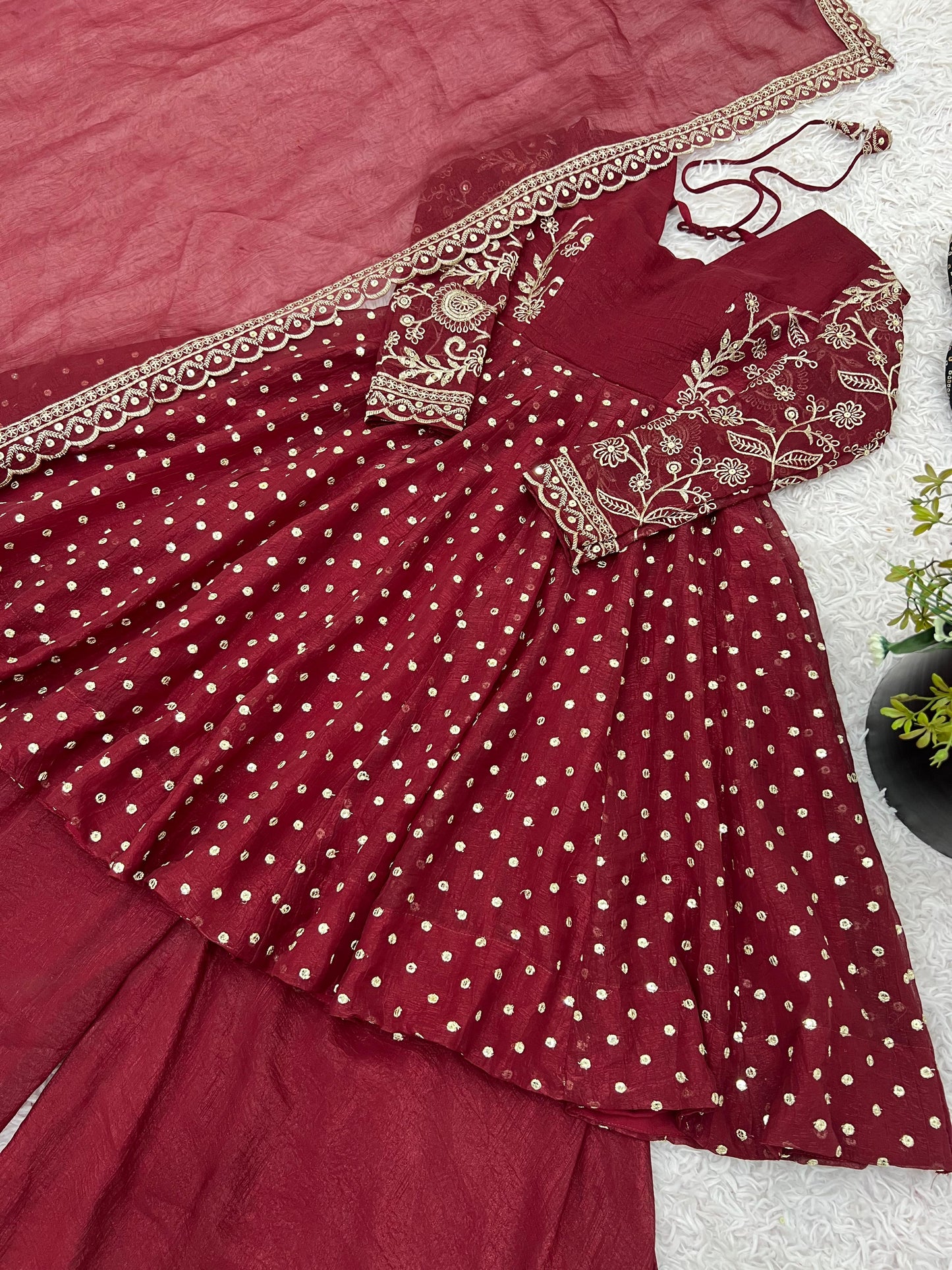 Red Crunchy Silk Sequence Embroiderd Sharara Suit