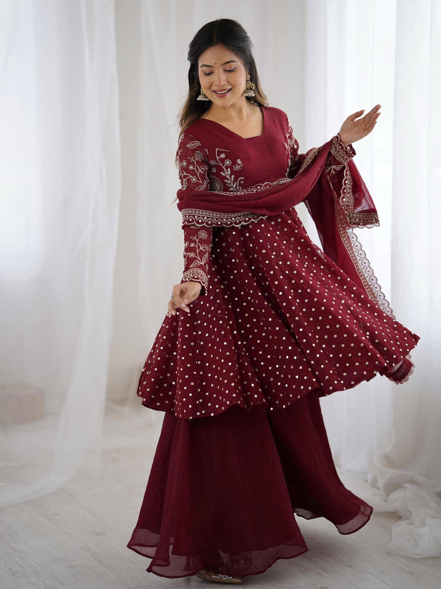 Red Crunchy Silk Sequence Embroiderd Sharara Suit