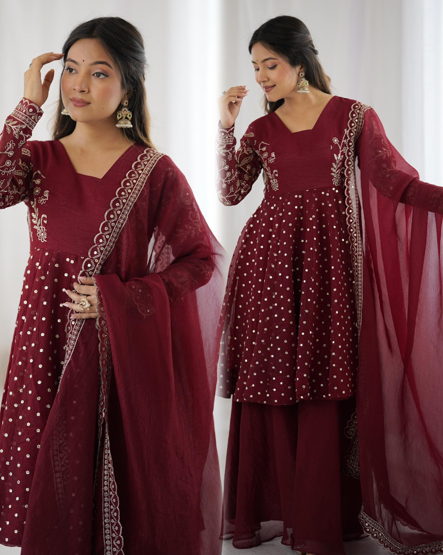 Red Crunchy Silk Sequence Embroiderd Sharara Suit
