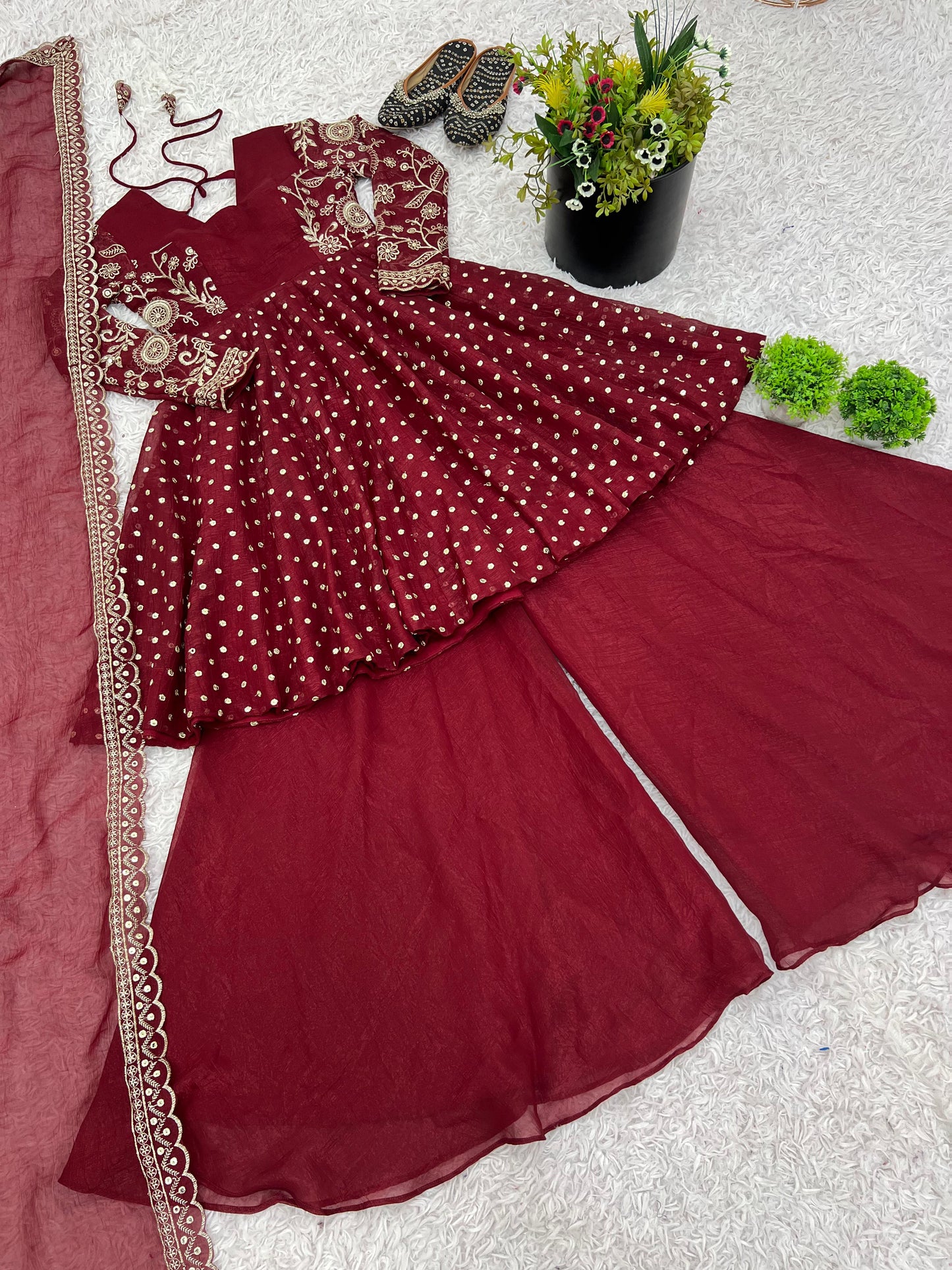 Red Crunchy Silk Sequence Embroiderd Sharara Suit