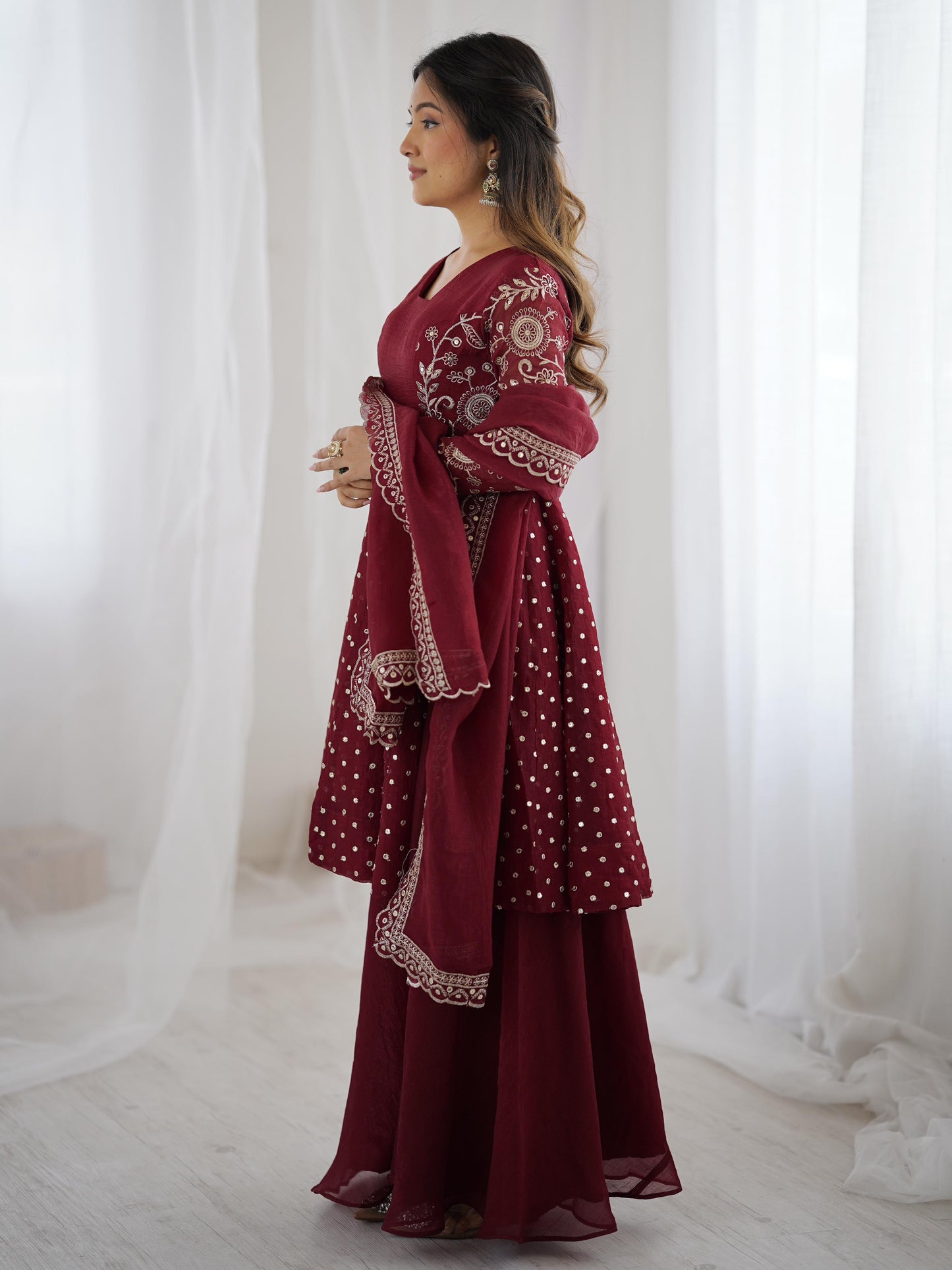 Red Crunchy Silk Sequence Embroiderd Sharara Suit