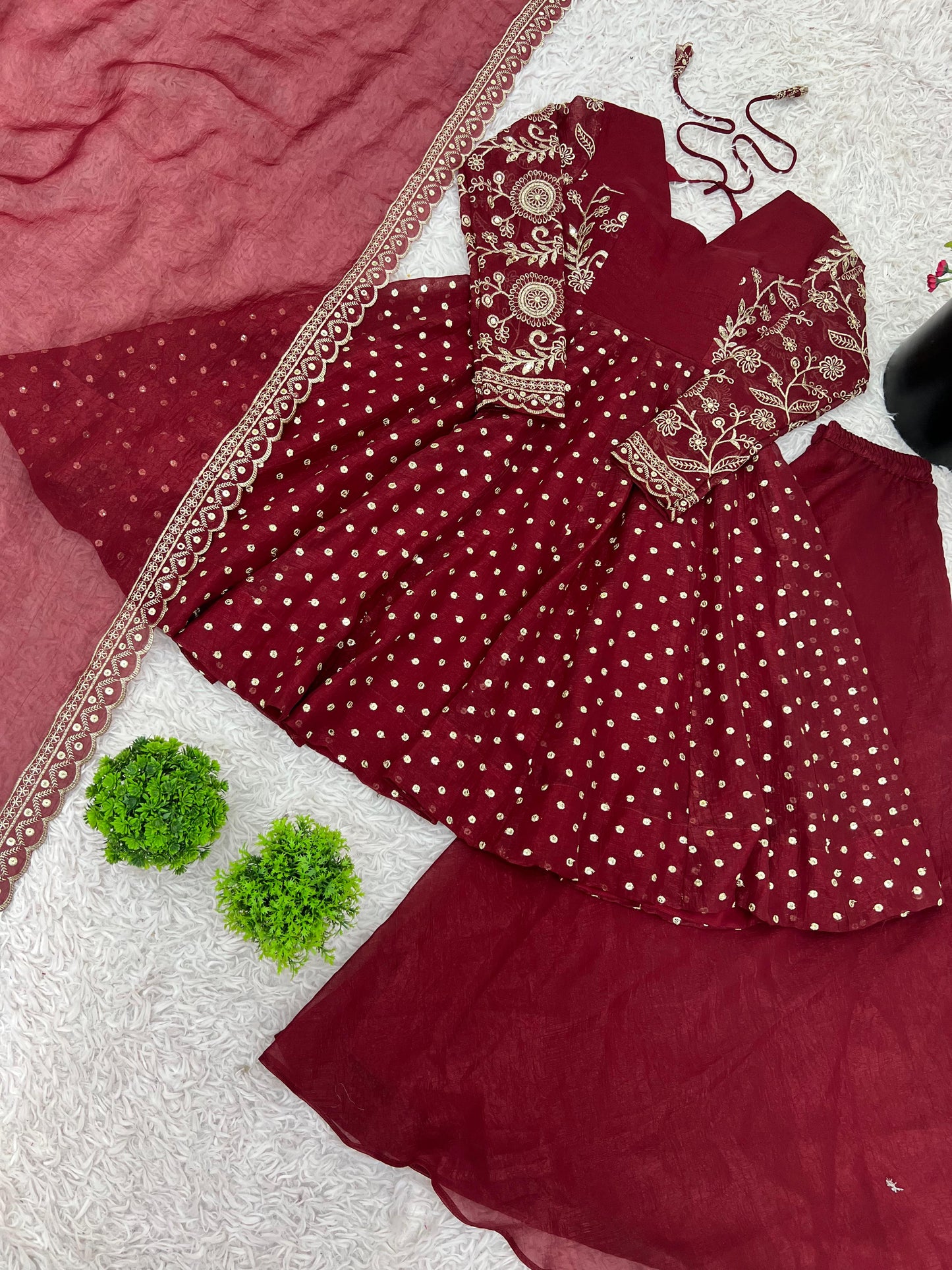 Red Crunchy Silk Sequence Embroiderd Sharara Suit