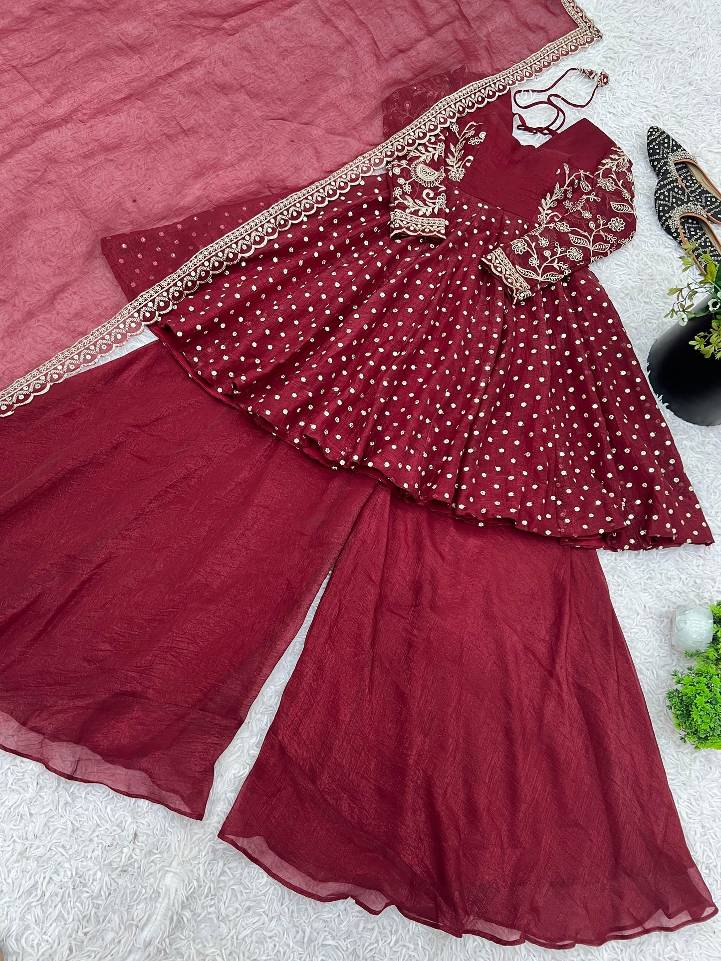 Red Crunchy Silk Sequence Embroiderd Sharara Suit