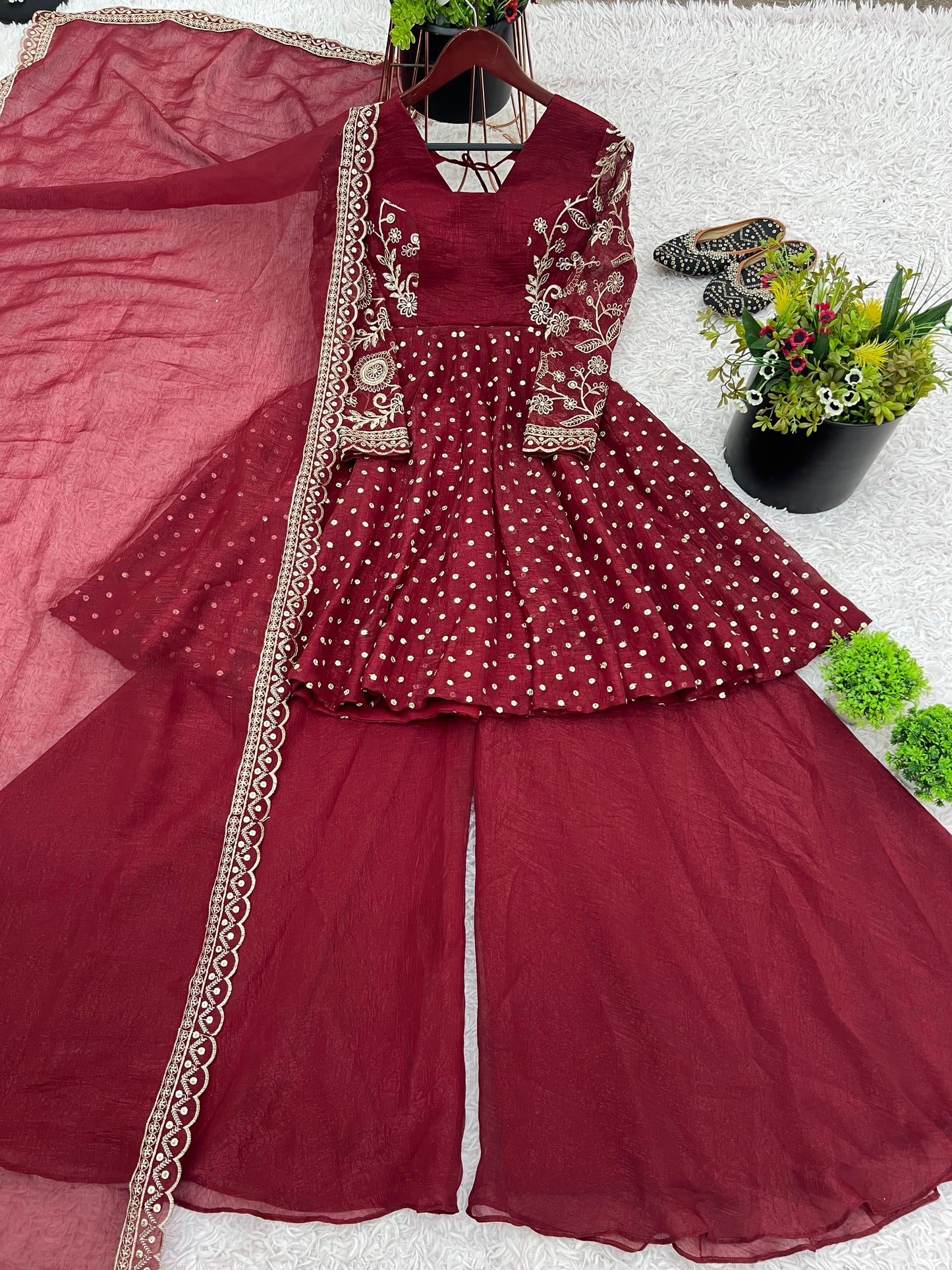 Red Crunchy Silk Sequence Embroiderd Sharara Suit