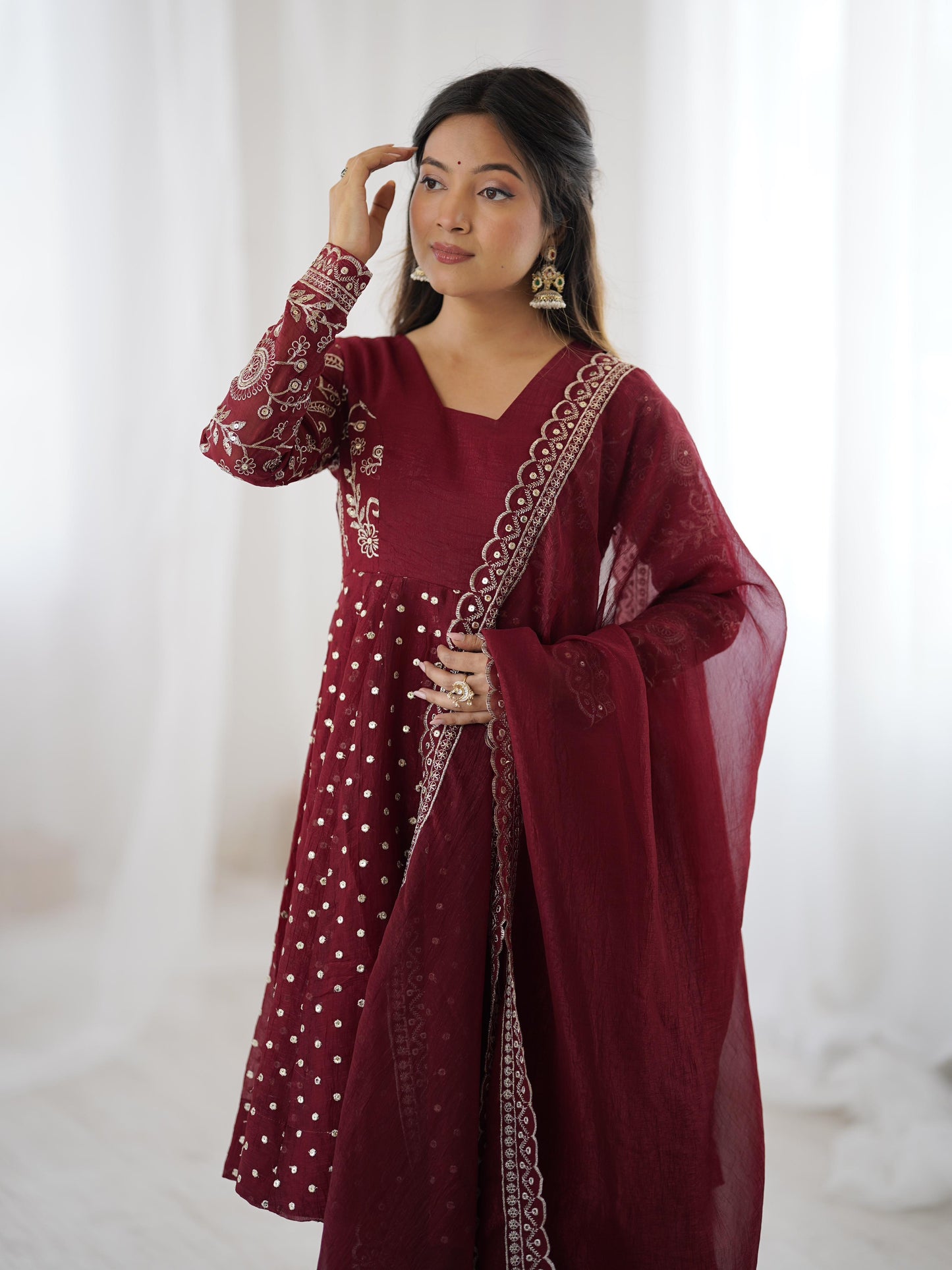 Red Crunchy Silk Sequence Embroiderd Sharara Suit