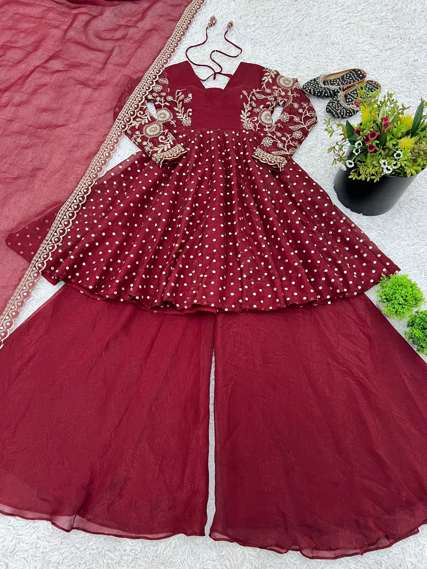Red Crunchy Silk Sequence Embroiderd Sharara Suit