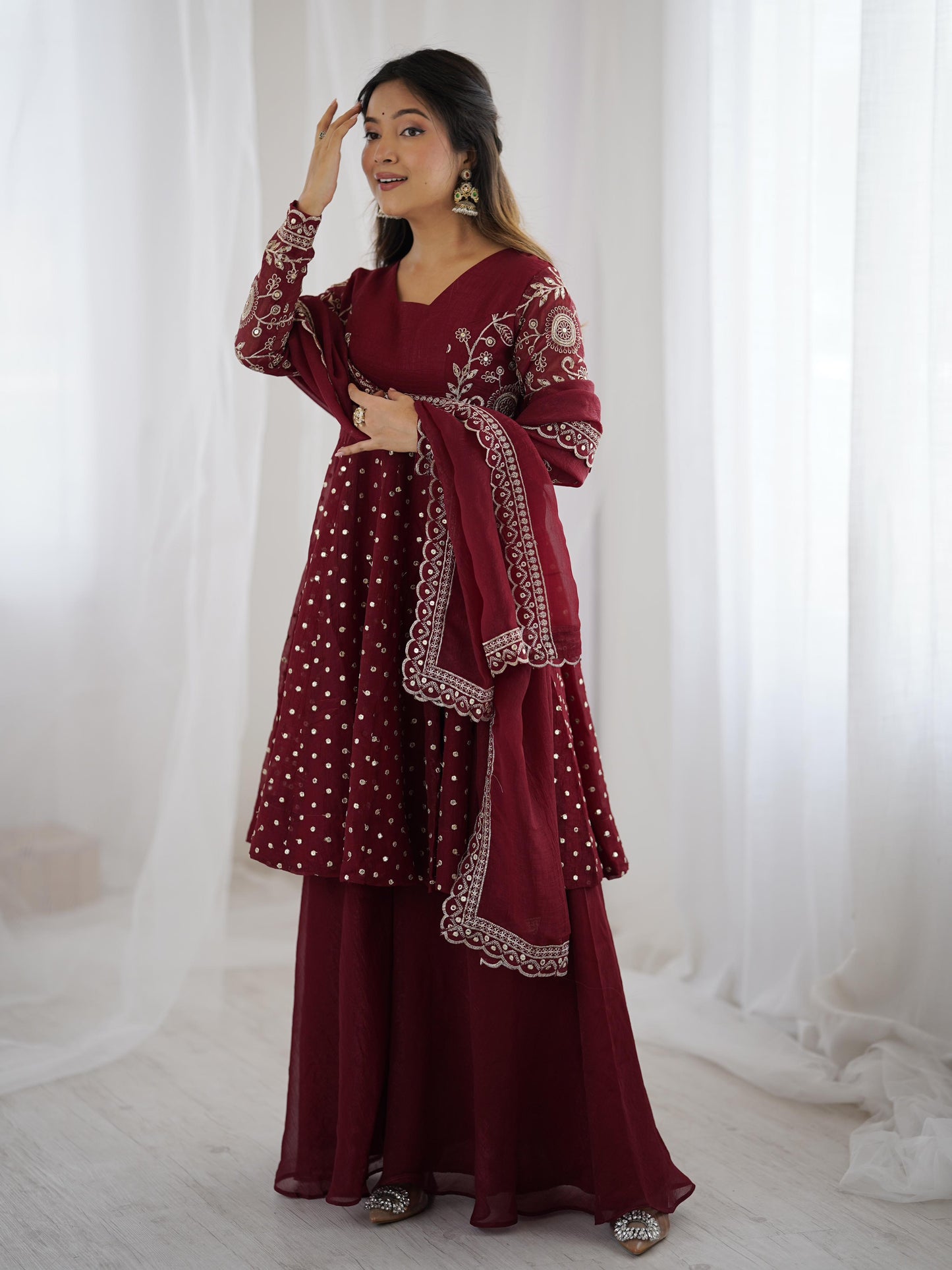 Red Crunchy Silk Sequence Embroiderd Sharara Suit