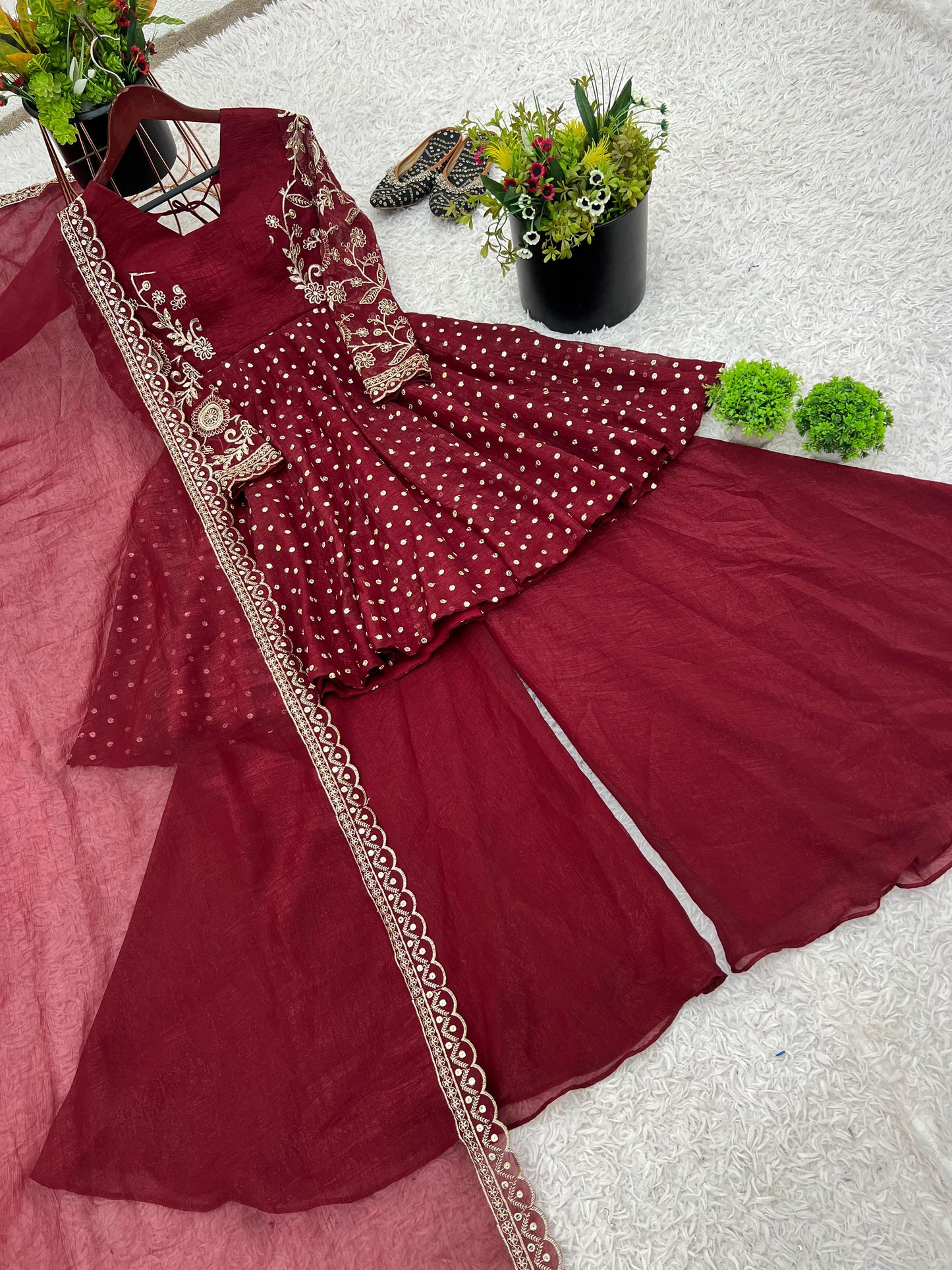 Red Crunchy Silk Sequence Embroiderd Sharara Suit