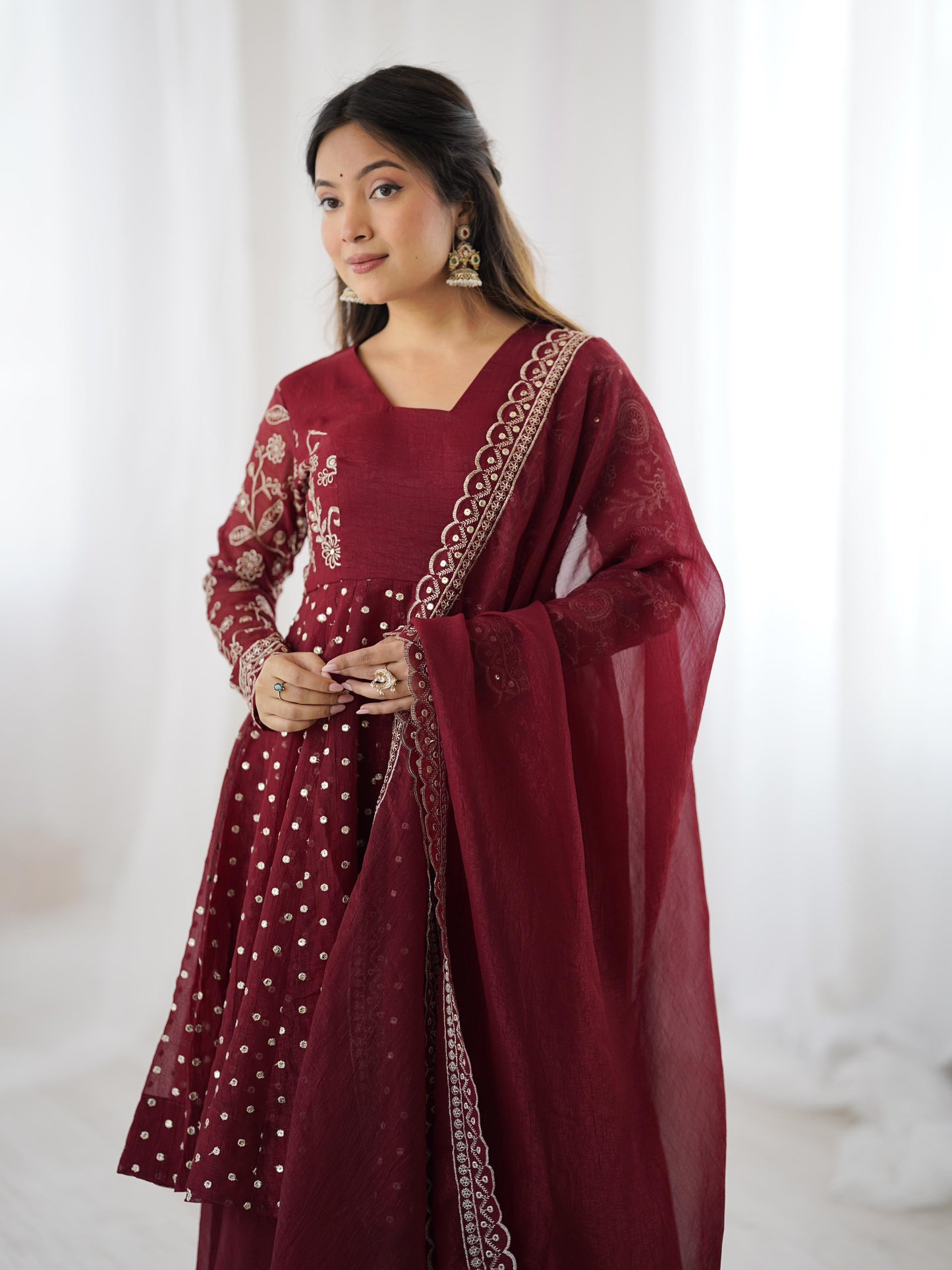 Red Crunchy Silk Sequence Embroiderd Sharara Suit