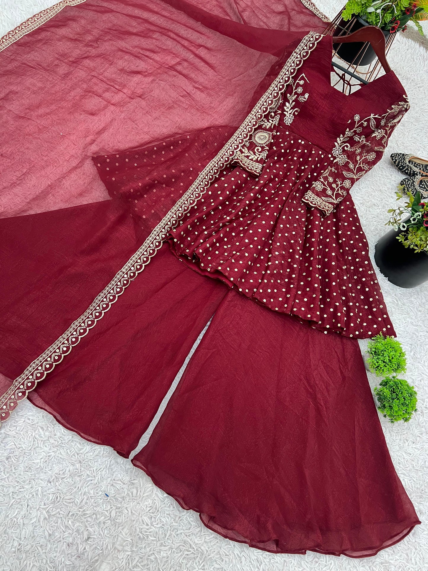 Red Crunchy Silk Sequence Embroiderd Sharara Suit