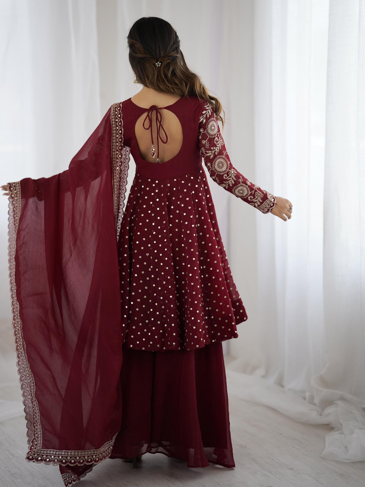 Red Crunchy Silk Sequence Embroiderd Sharara Suit