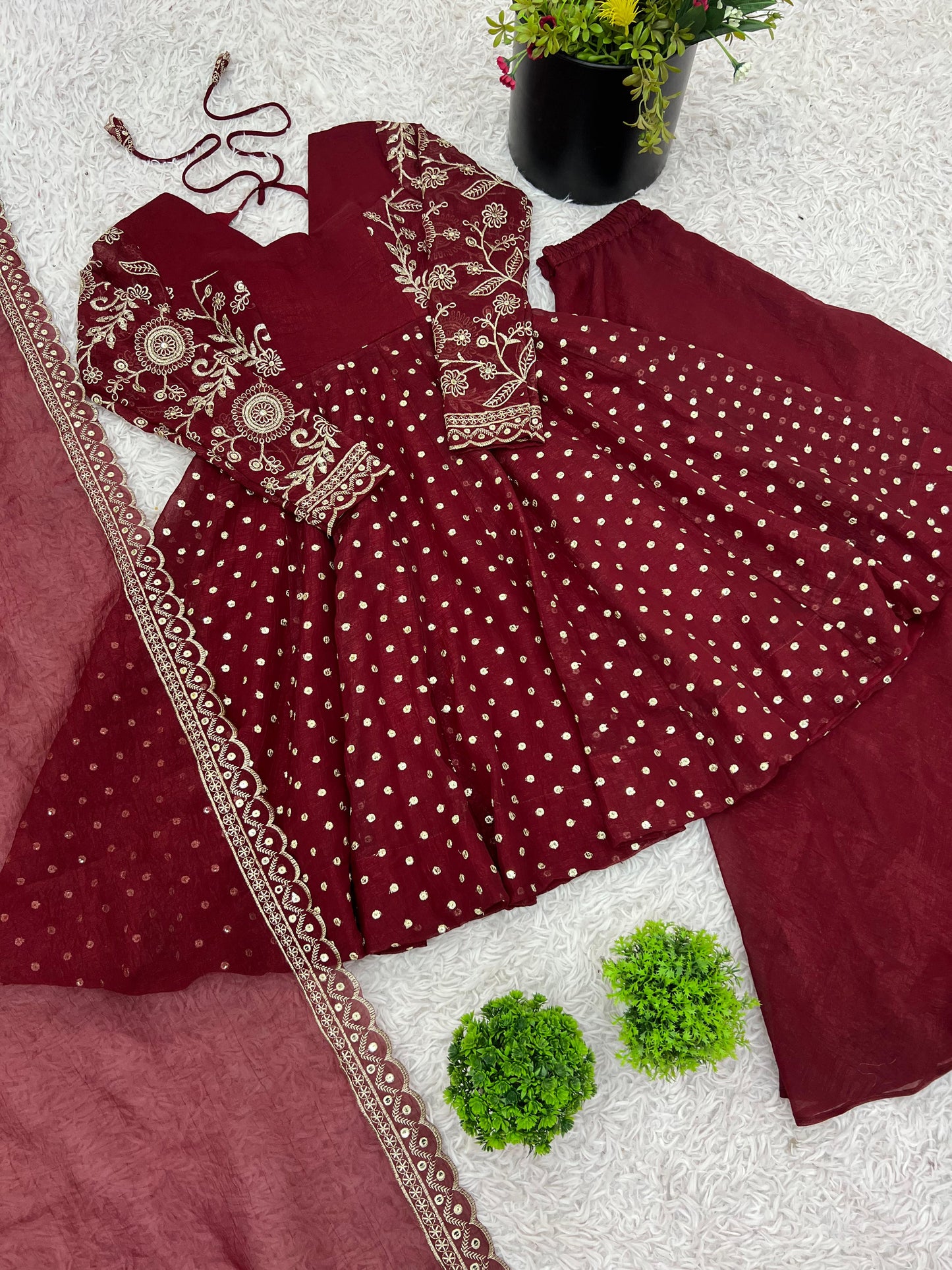 Red Crunchy Silk Sequence Embroiderd Sharara Suit