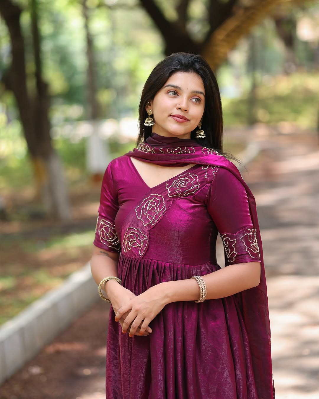 Glassy Silk Anarkali Suit With Floral Khatli Work