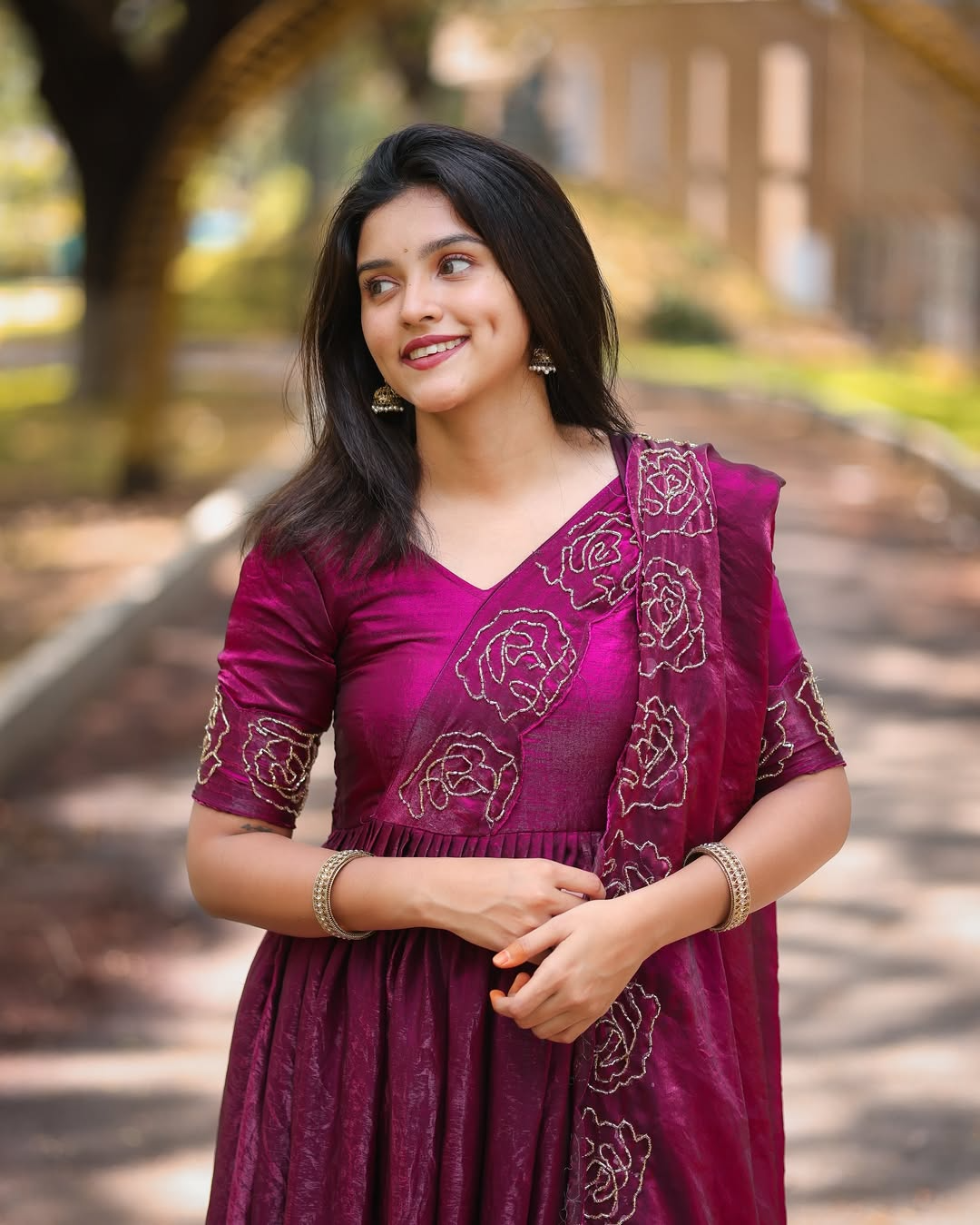 Glassy Silk Anarkali Suit With Floral Khatli Work