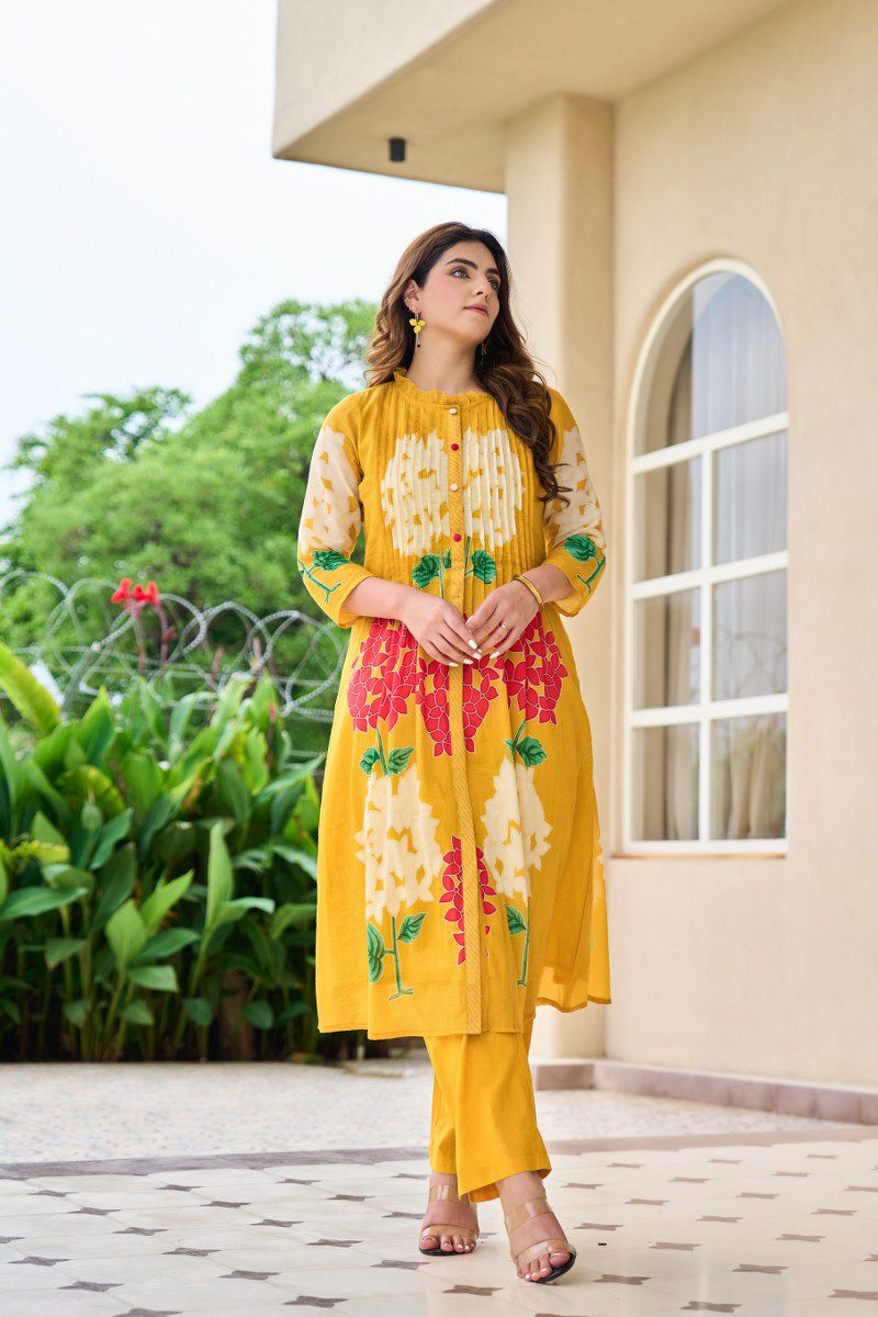 Yellow Floral Cotton Printed Pinex Co-Ord Set