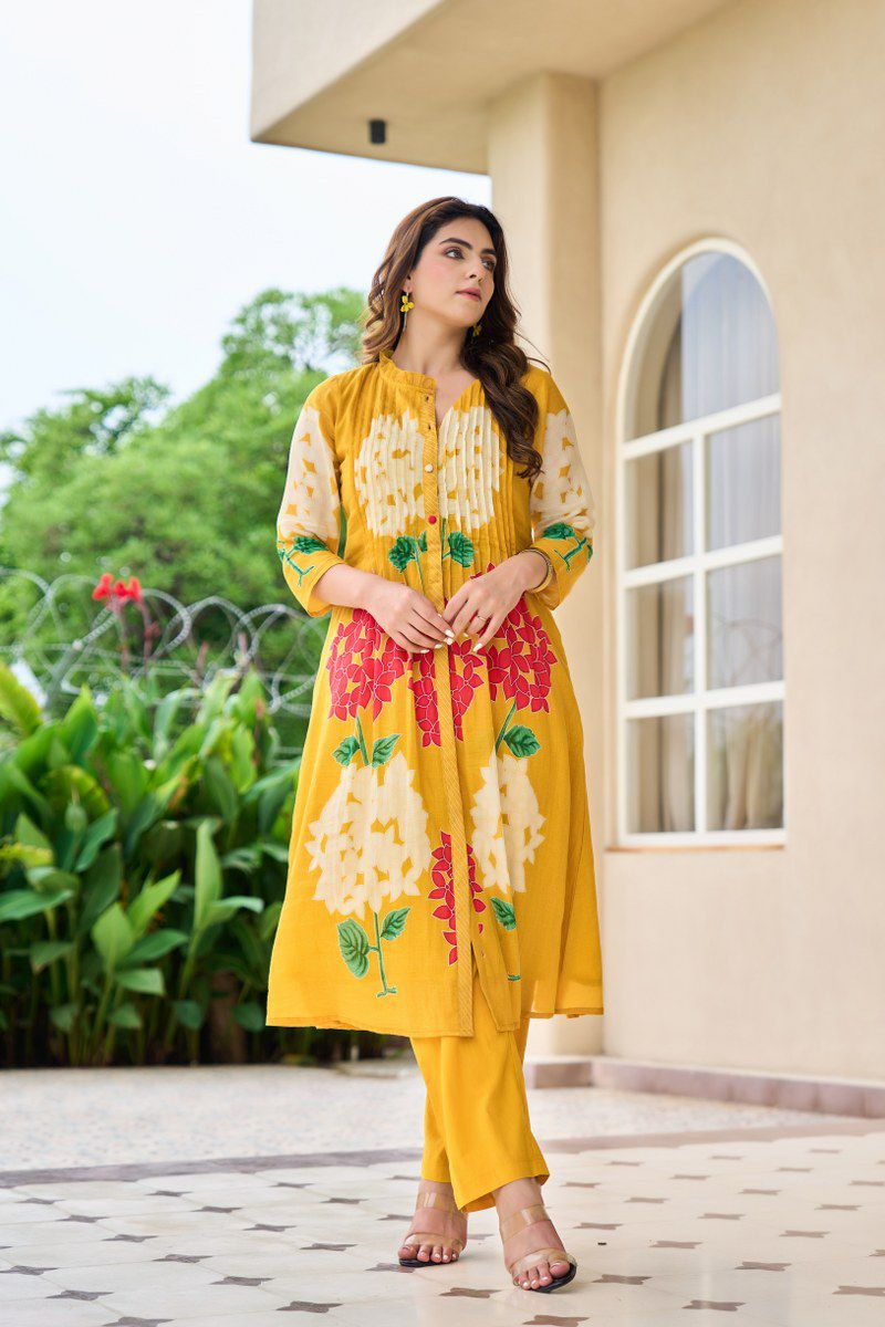 Yellow Floral Cotton Printed Pinex Co-Ord Set