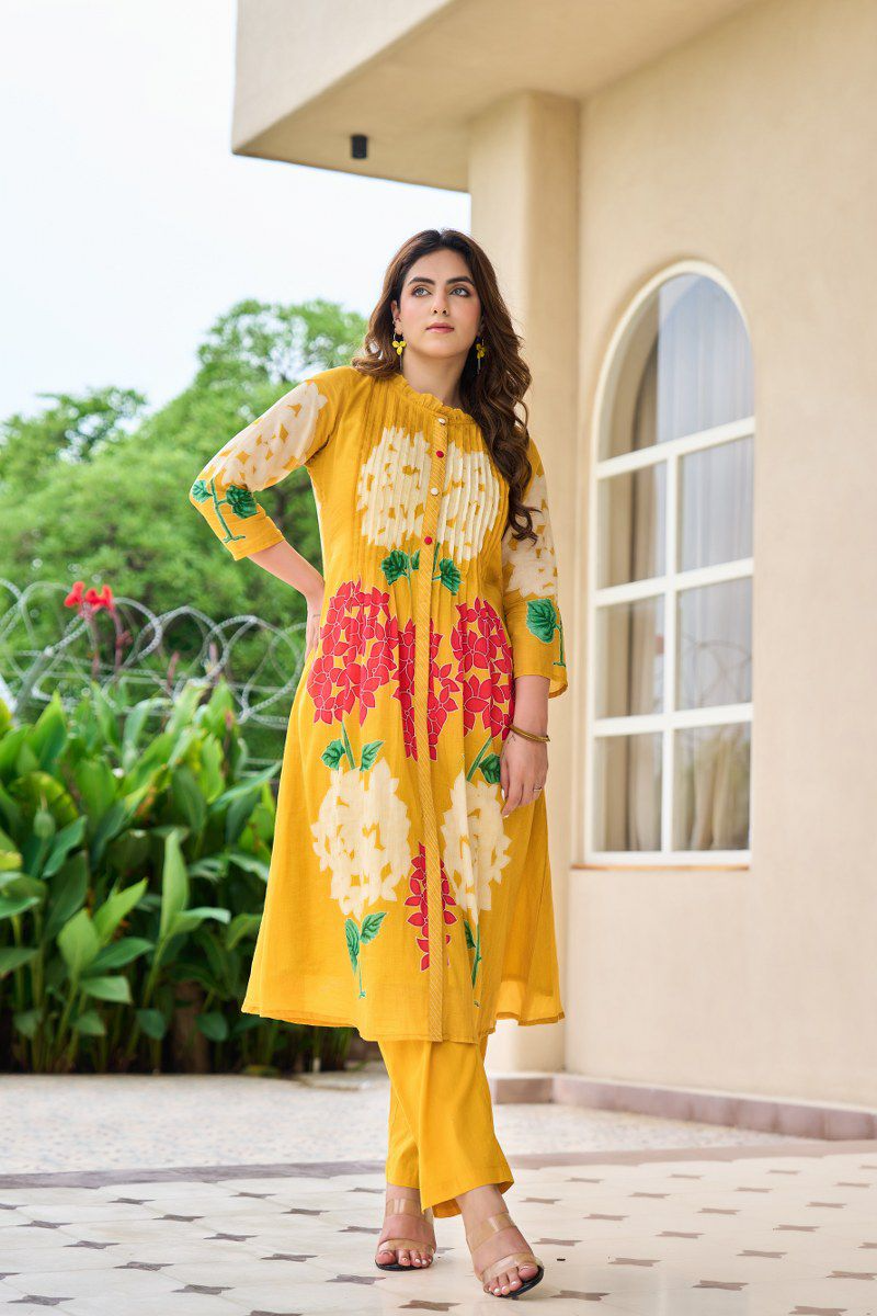Yellow Floral Cotton Printed Pinex Co-Ord Set