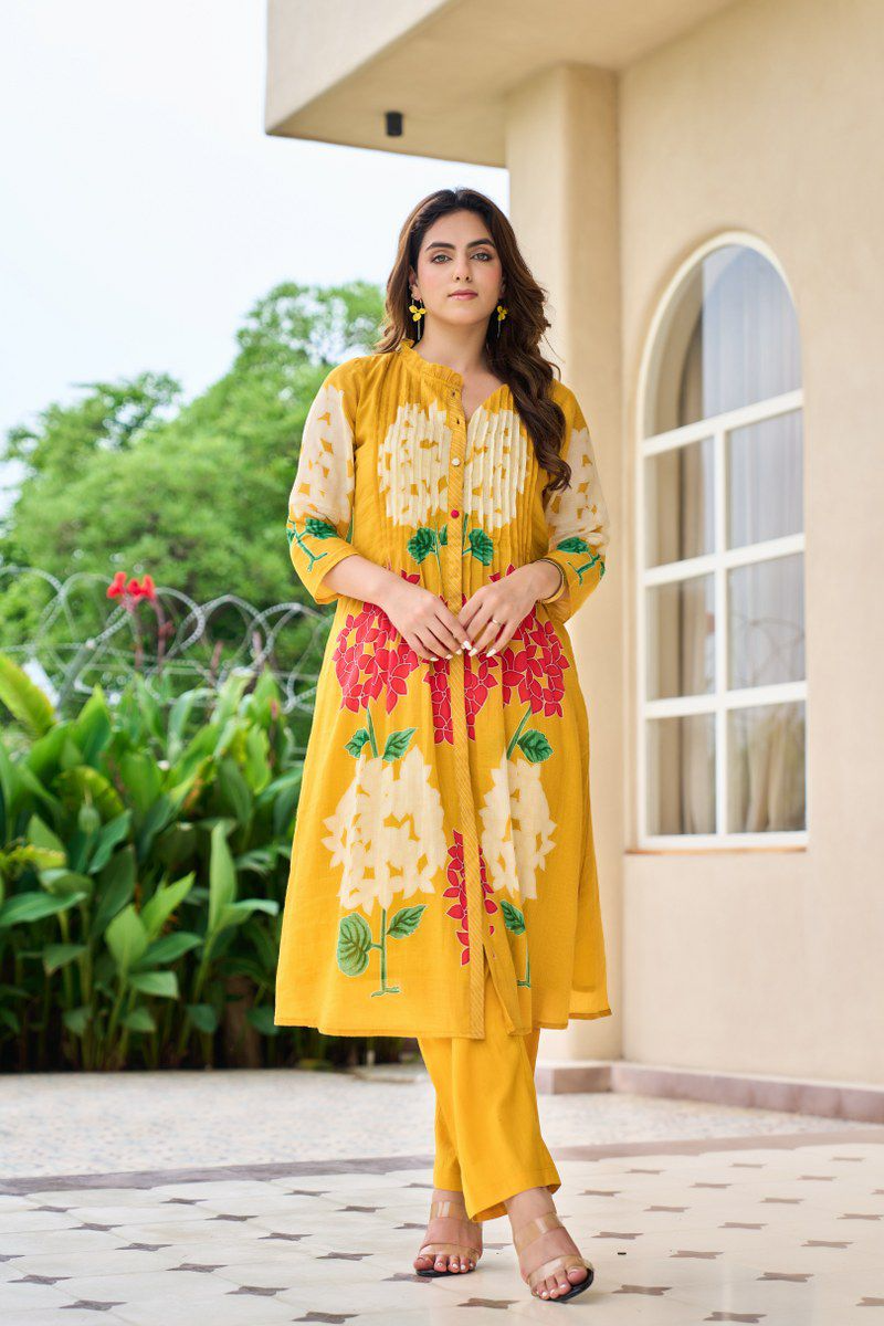 Yellow Floral Cotton Printed Pinex Co-Ord Set