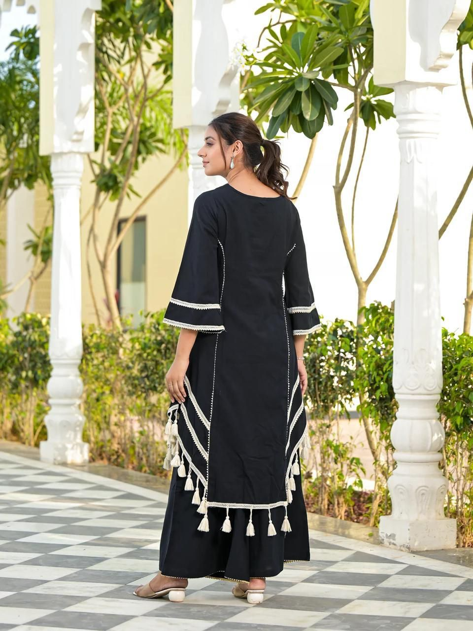 Black Rayon Cotton Thread Mirror Work Kurta & Plazzo Set