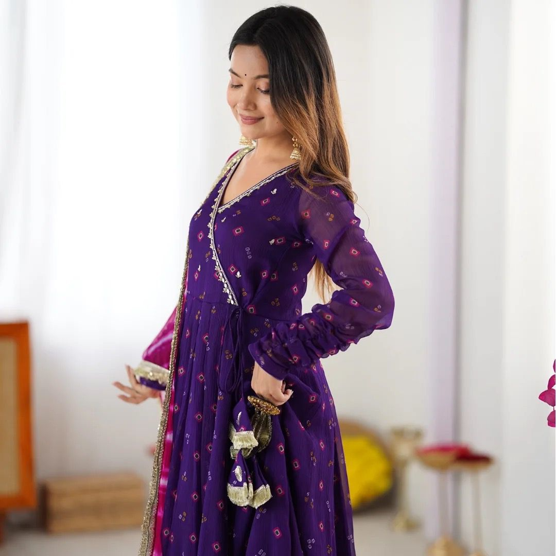 Purple Georgette Bandhani Anarkali Suit