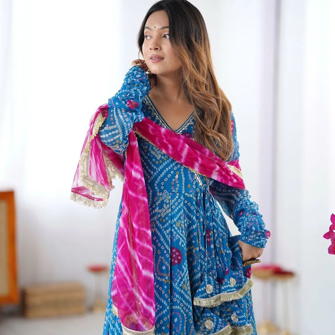 Blue Georgette Bandhani Anarkali Suit