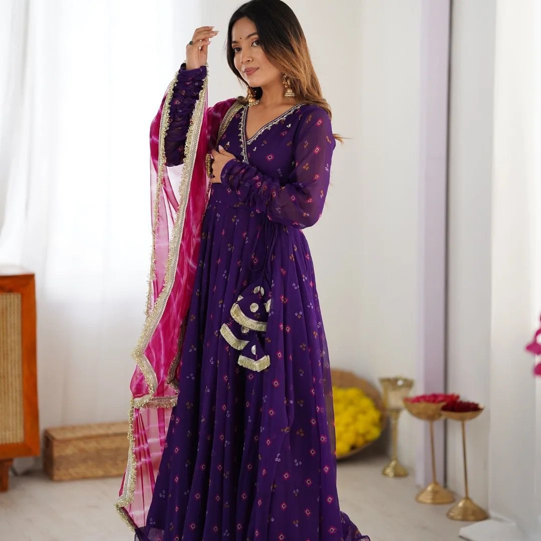 Purple Georgette Bandhani Anarkali Suit