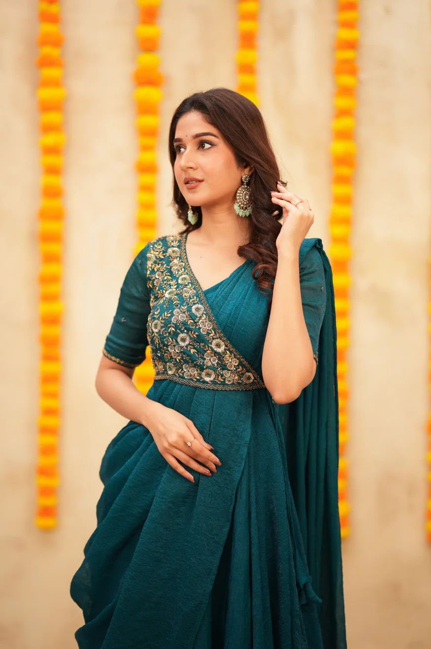 Pre-Draped Embroidered Saree Anarkali Suit