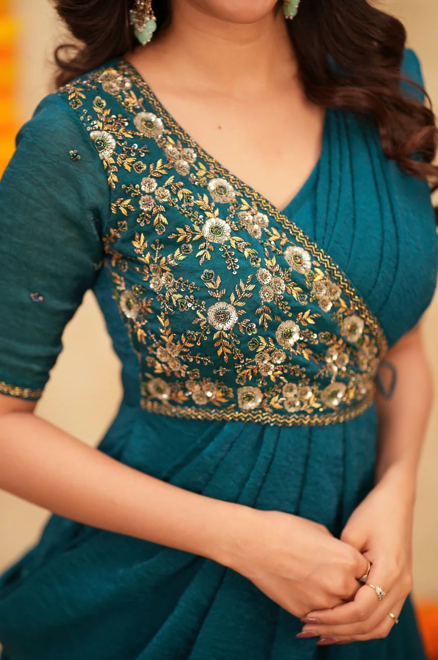 Pre-Draped Embroidered Saree Anarkali Suit