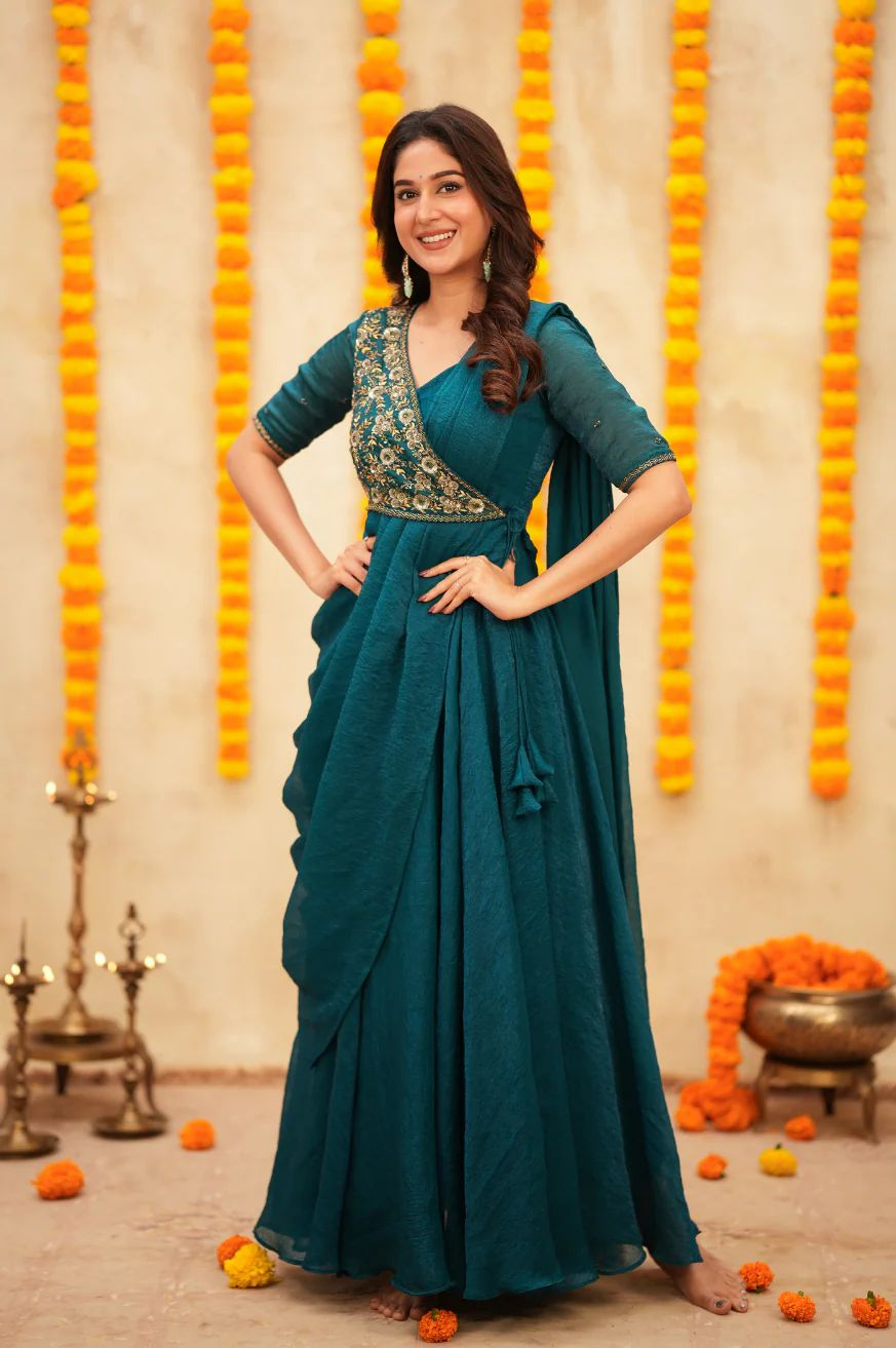 Pre-Draped Embroidered Saree Anarkali Suit