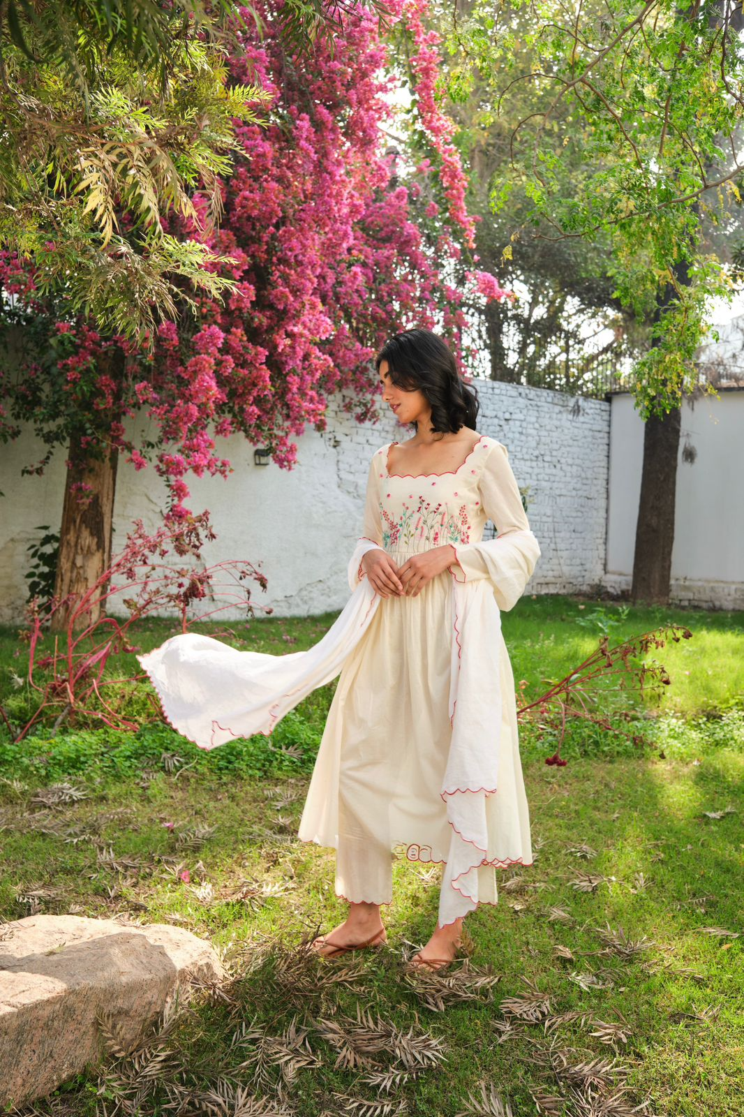 Delicate Thread Work Embroidered White Khadi Cotton Anarkali Suit Set