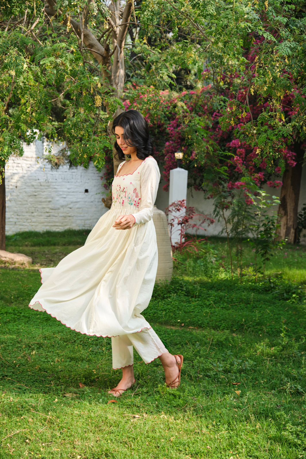 Delicate Thread Work Embroidered White Khadi Cotton Anarkali Suit Set