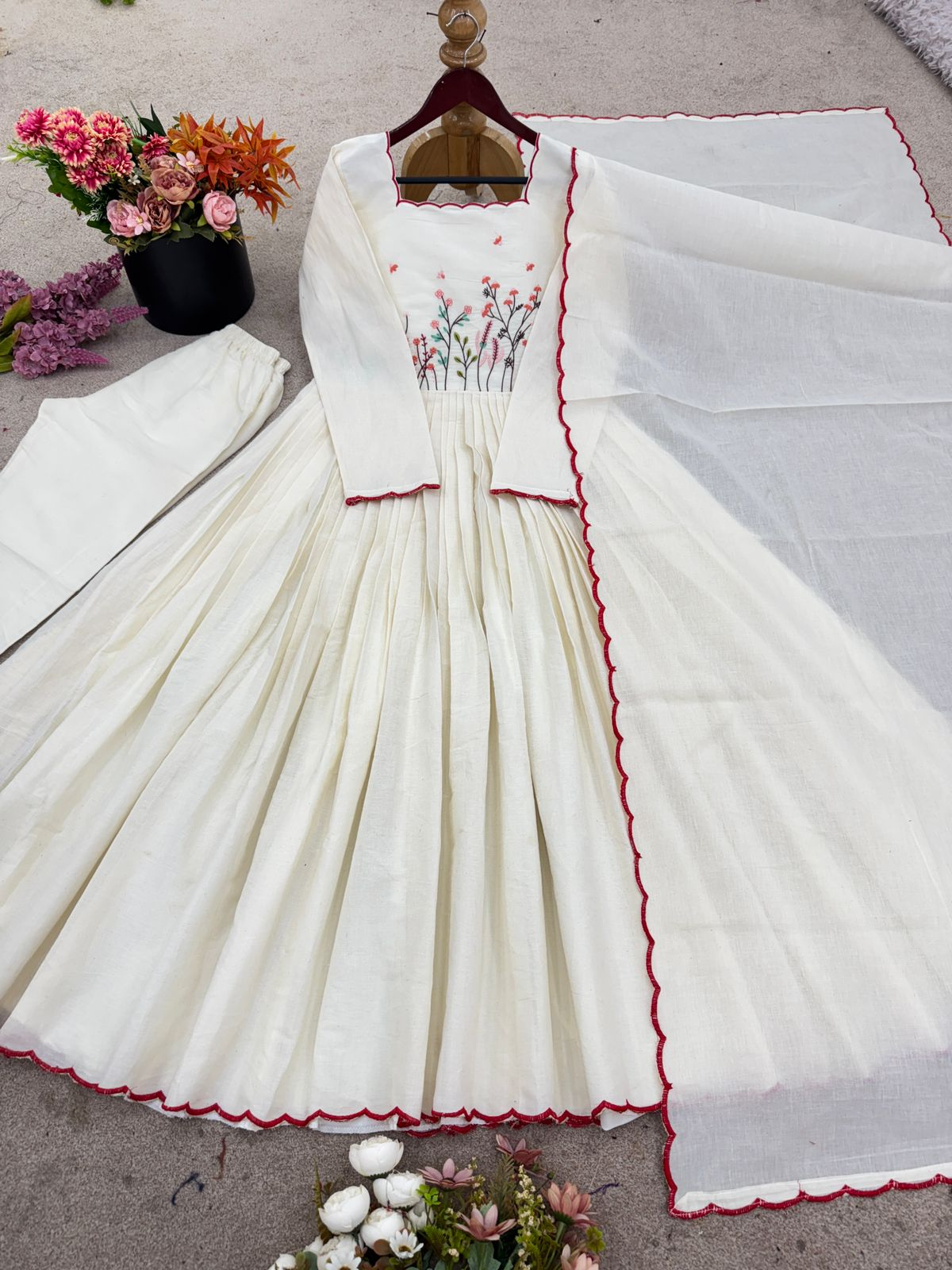 Delicate Thread Work Embroidered White Khadi Cotton Anarkali Suit Set