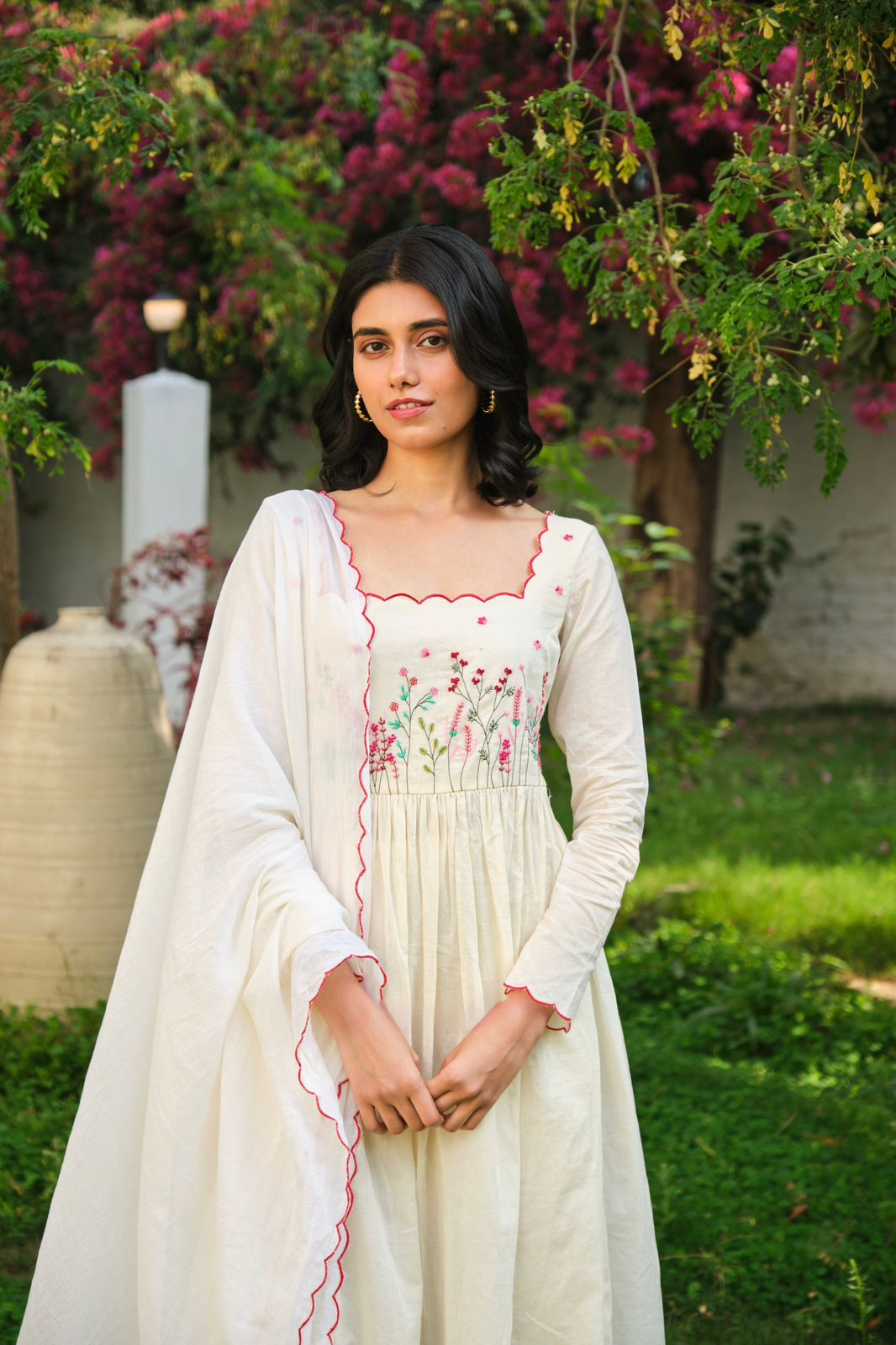 Delicate Thread Work Embroidered White Khadi Cotton Anarkali Suit Set