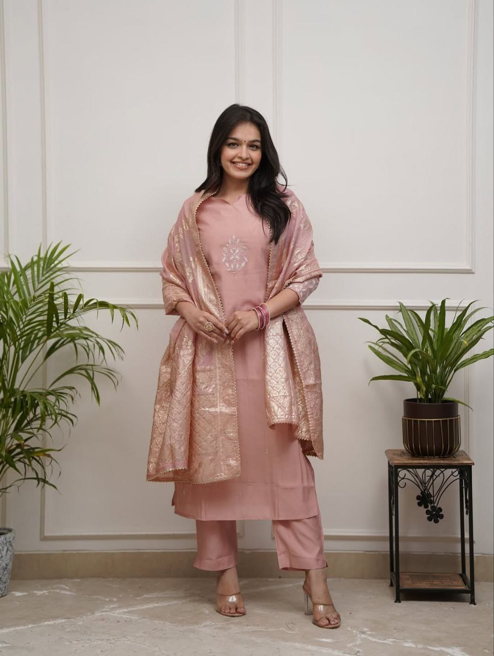 Peach Chanderi Embroidered Kurta Suit Set
