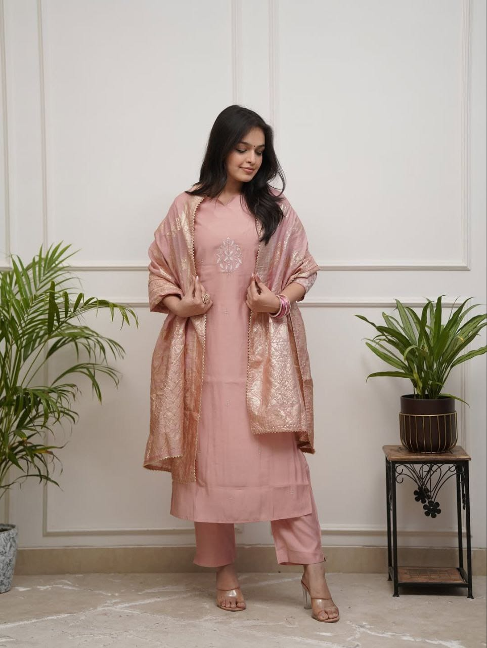 Peach Chanderi Embroidered Kurta Suit Set